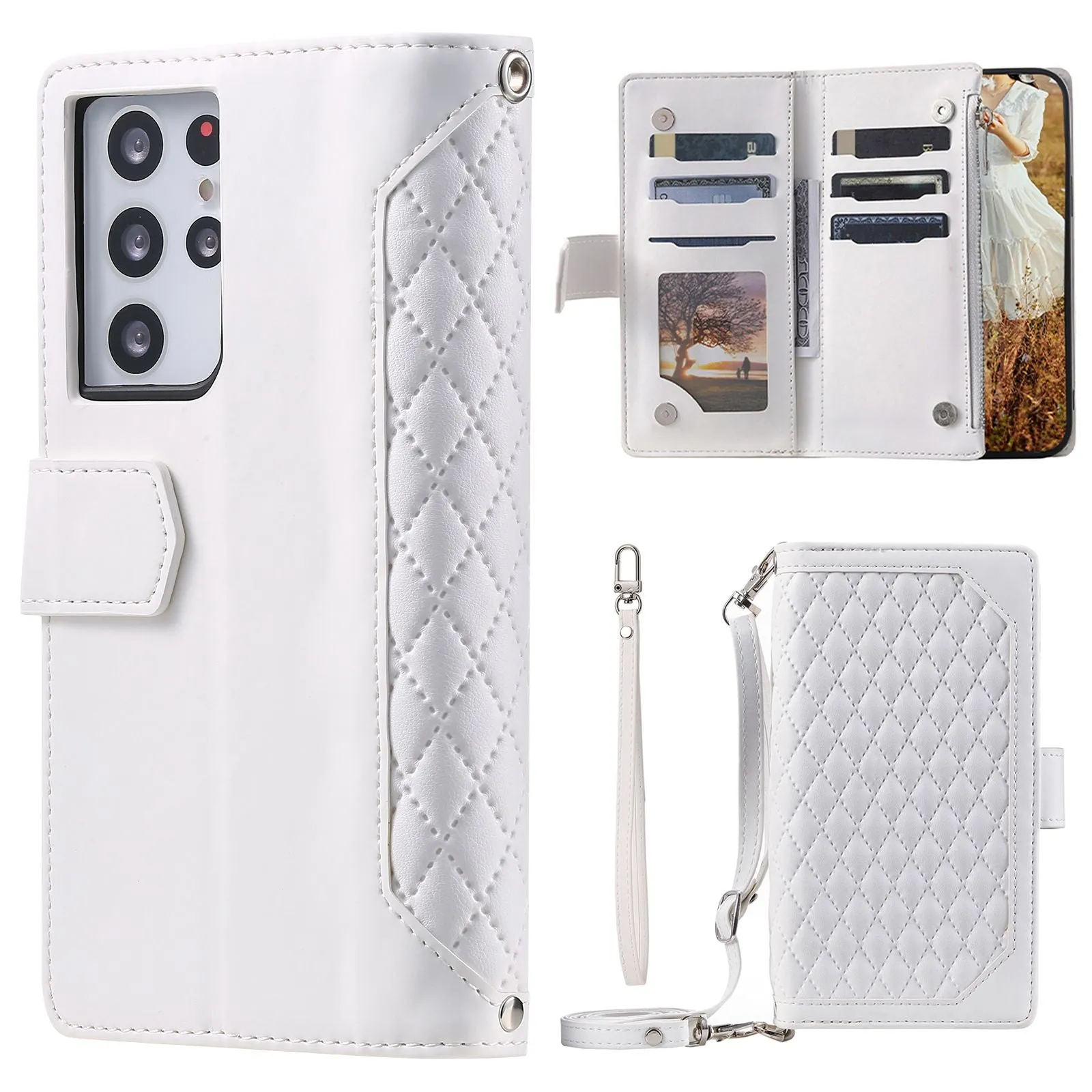 005 Style For Samsung Galaxy S21 Ultra 5G, Full Protection Phone Wallet Cover Zipper Pocket Case Rhombus Texture PU Leather Shell Stand with Strap Card Holder