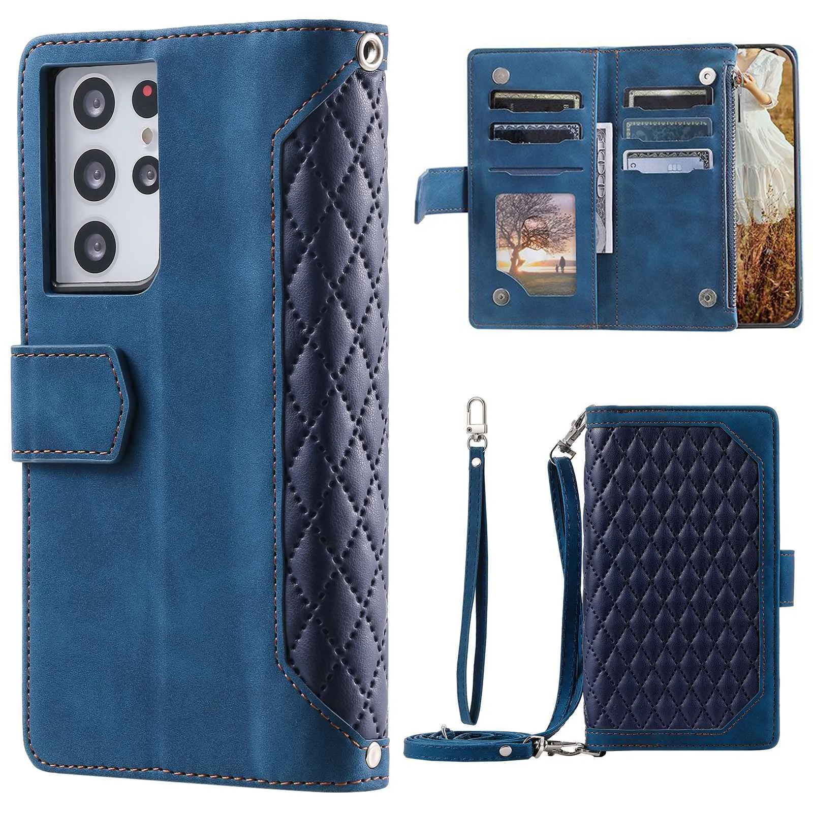 005 Style For Samsung Galaxy S21 Ultra 5G, Full Protection Phone Wallet Cover Zipper Pocket Case Rhombus Texture PU Leather Shell Stand with Strap Card Holder