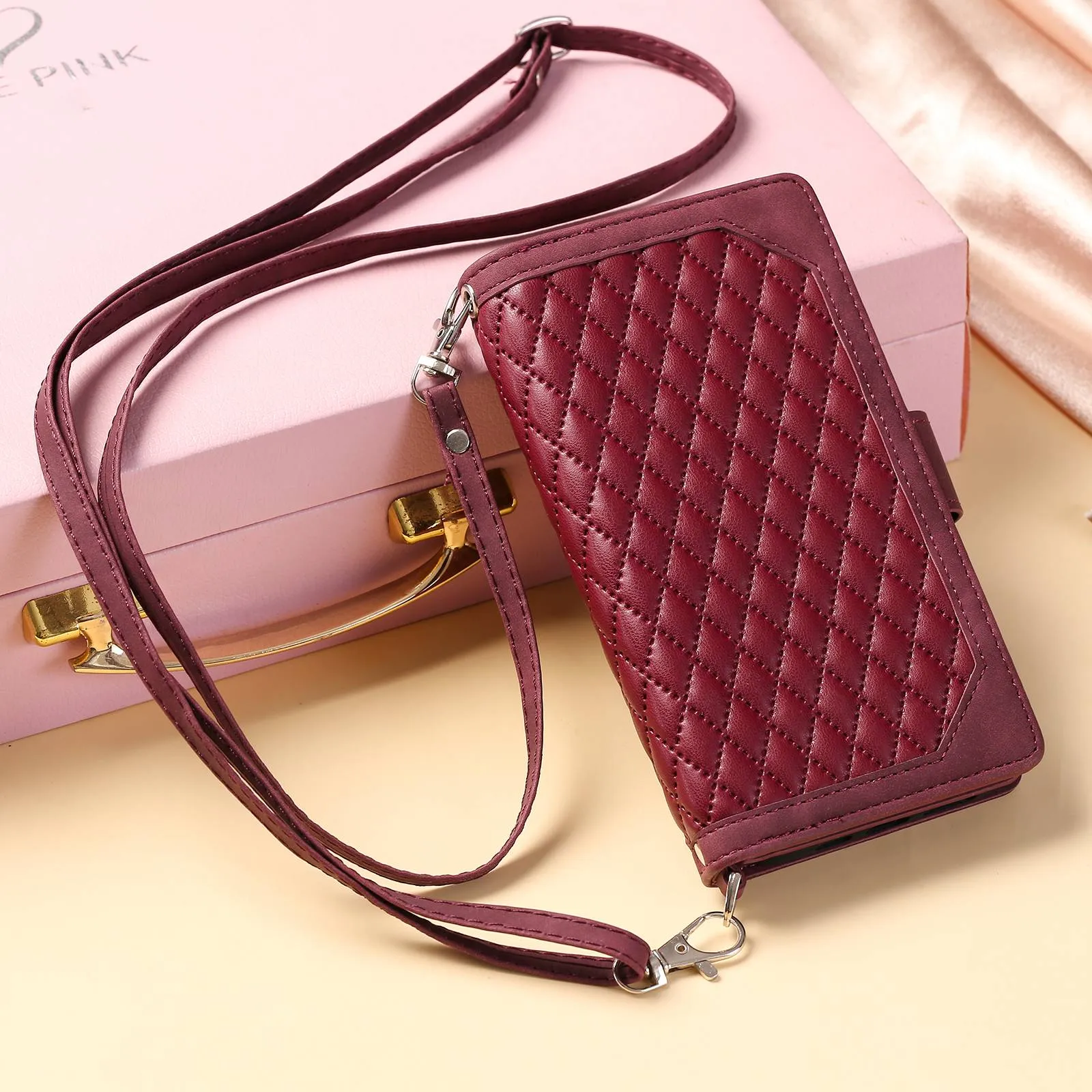 005 Style For Samsung Galaxy S21 Ultra 5G, Full Protection Phone Wallet Cover Zipper Pocket Case Rhombus Texture PU Leather Shell Stand with Strap Card Holder