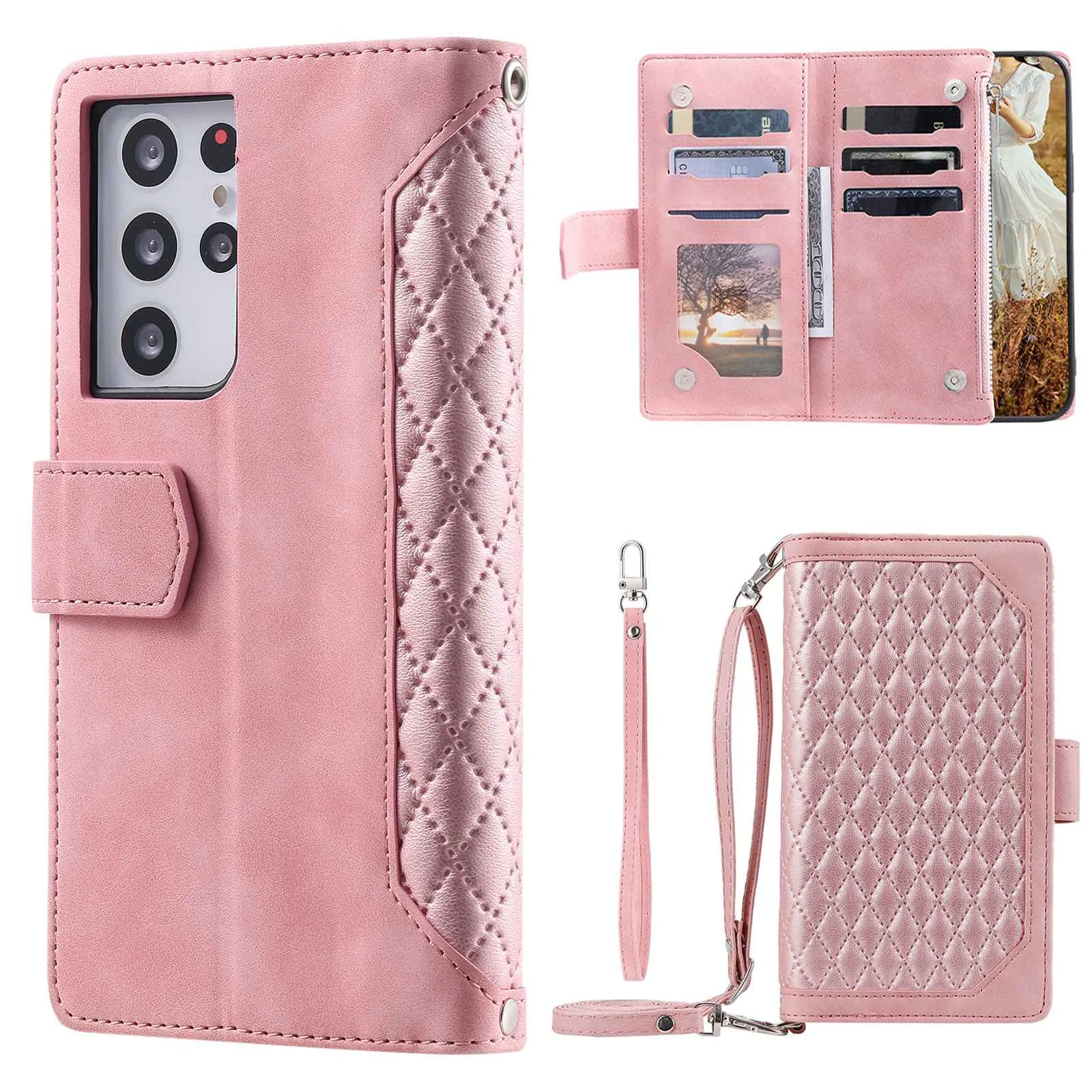 005 Style For Samsung Galaxy S21 Ultra 5G, Full Protection Phone Wallet Cover Zipper Pocket Case Rhombus Texture PU Leather Shell Stand with Strap Card Holder