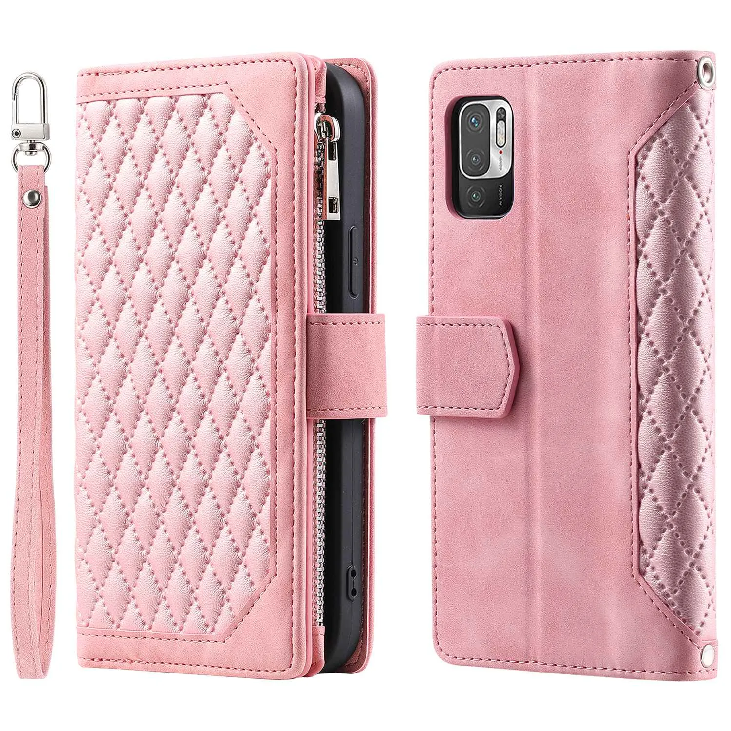 005 Style for Xiaomi Poco M3 Pro 4G / 5G / Redmi Note 10T 5G / Note 10 5G Rhombus Texture Wallet Stand Leather Phone Case with Zipper Pocket and Wrist Strap