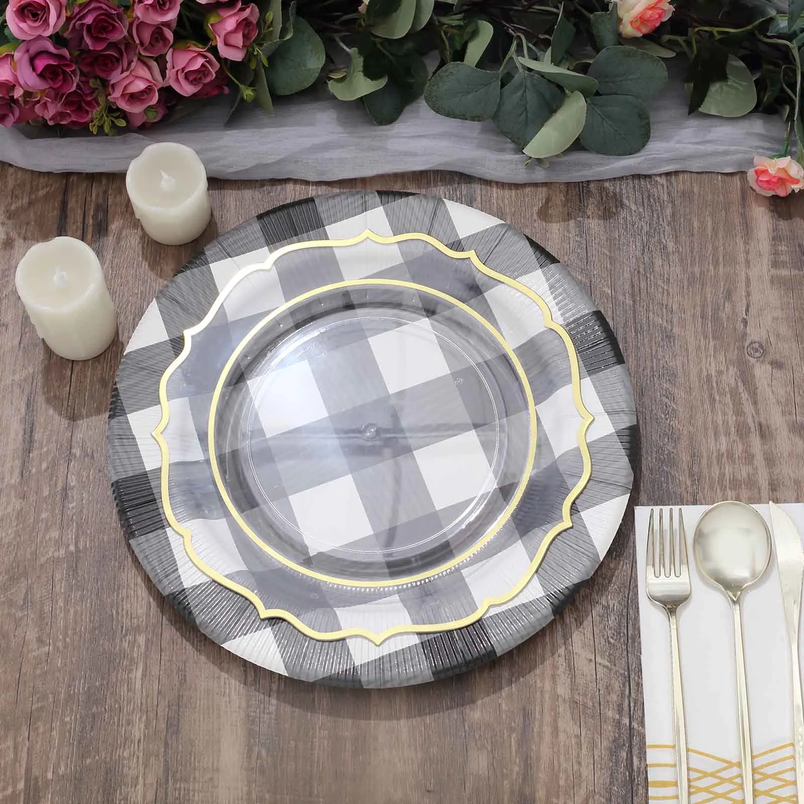 10 Pack 13" Black White Buffalo Plaid Disposable Charger Plates, Round Checkered Sunray Cardboard Serving Trays- 350 GSM