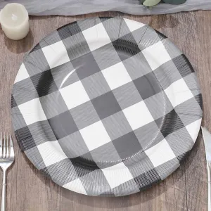 10 Pack 13" Black White Buffalo Plaid Disposable Charger Plates, Round Checkered Sunray Cardboard Serving Trays- 350 GSM