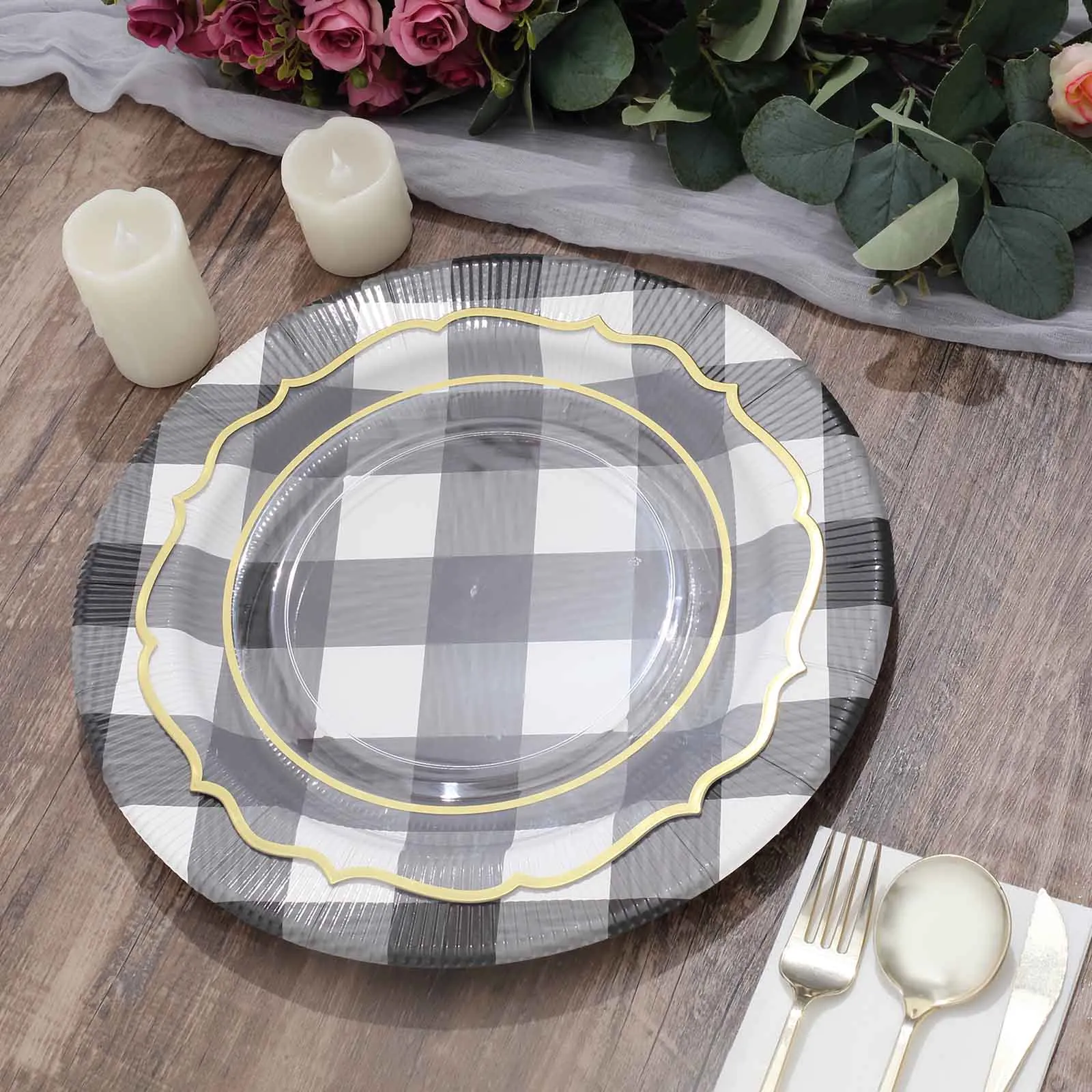 10 Pack 13" Black White Buffalo Plaid Disposable Charger Plates, Round Checkered Sunray Cardboard Serving Trays- 350 GSM