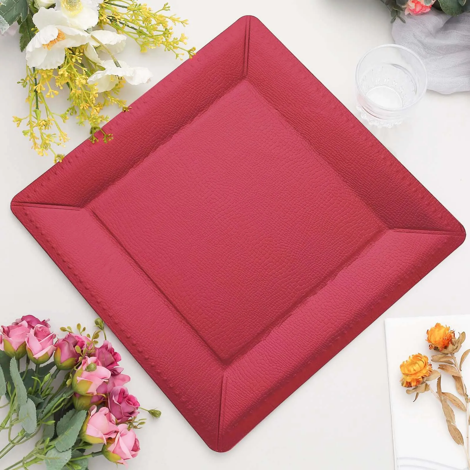 10 Pack 13" Burgundy Textured Disposable Square Charger Plates, Leather Like Cardboard Serving Trays - 1100 GSM