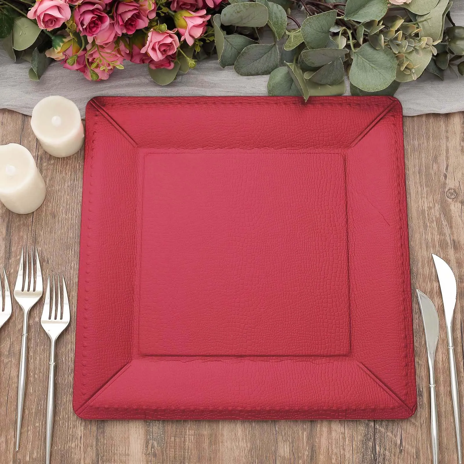 10 Pack 13" Burgundy Textured Disposable Square Charger Plates, Leather Like Cardboard Serving Trays - 1100 GSM