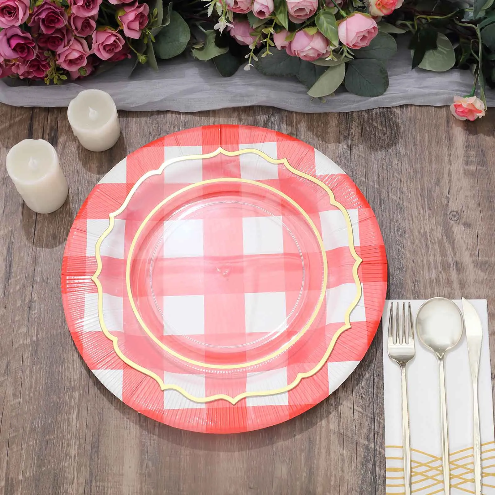 10 Pack Red / White Buffalo Plaid Disposable Serving Trays, Round Checkered Sunray Cardboard Charger Plates 350 GSM 13"