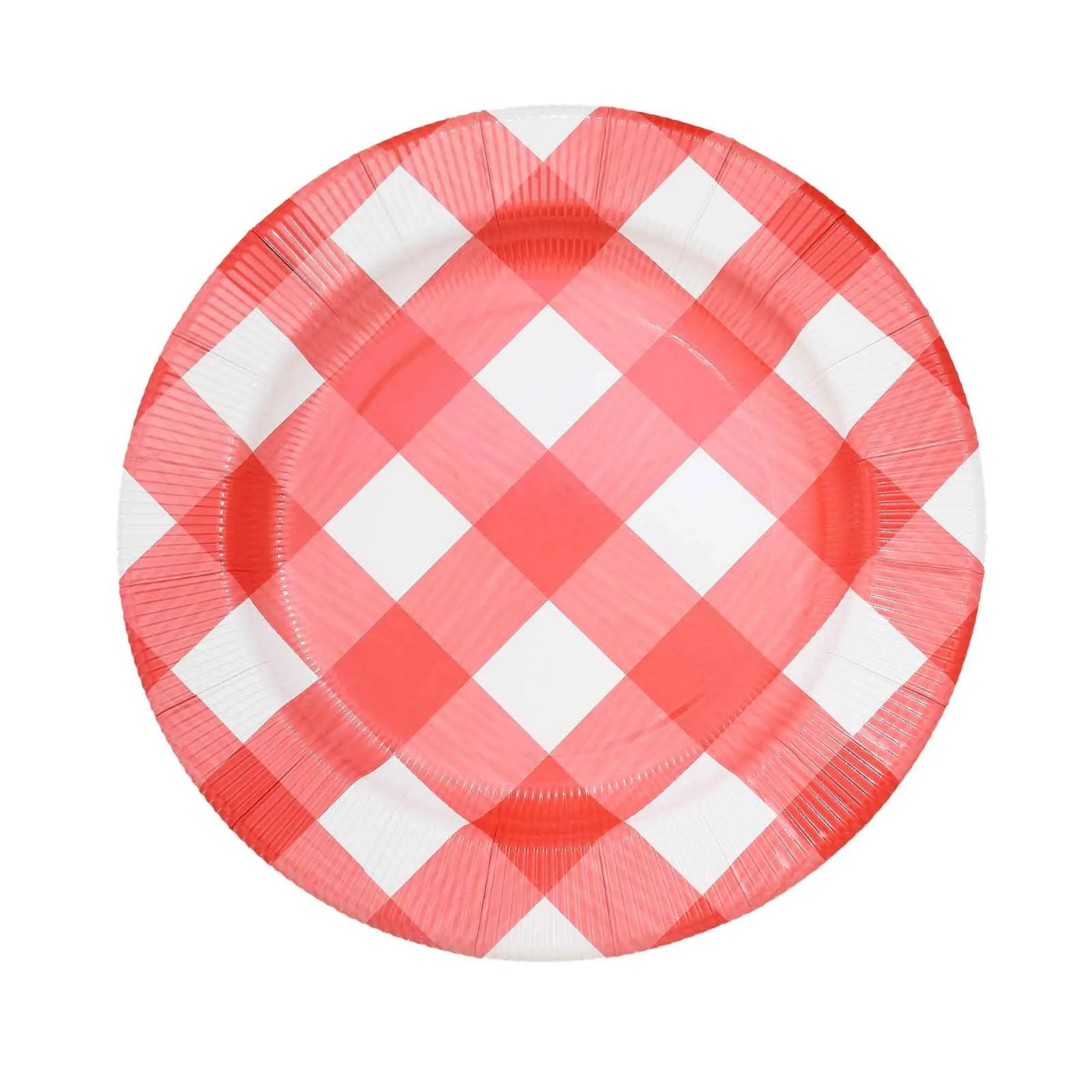 10 Pack Red / White Buffalo Plaid Disposable Serving Trays, Round Checkered Sunray Cardboard Charger Plates 350 GSM 13"