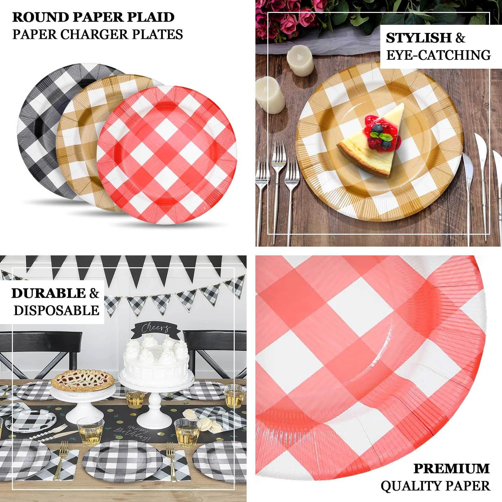 10 Pack Red / White Buffalo Plaid Disposable Serving Trays, Round Checkered Sunray Cardboard Charger Plates 350 GSM 13"