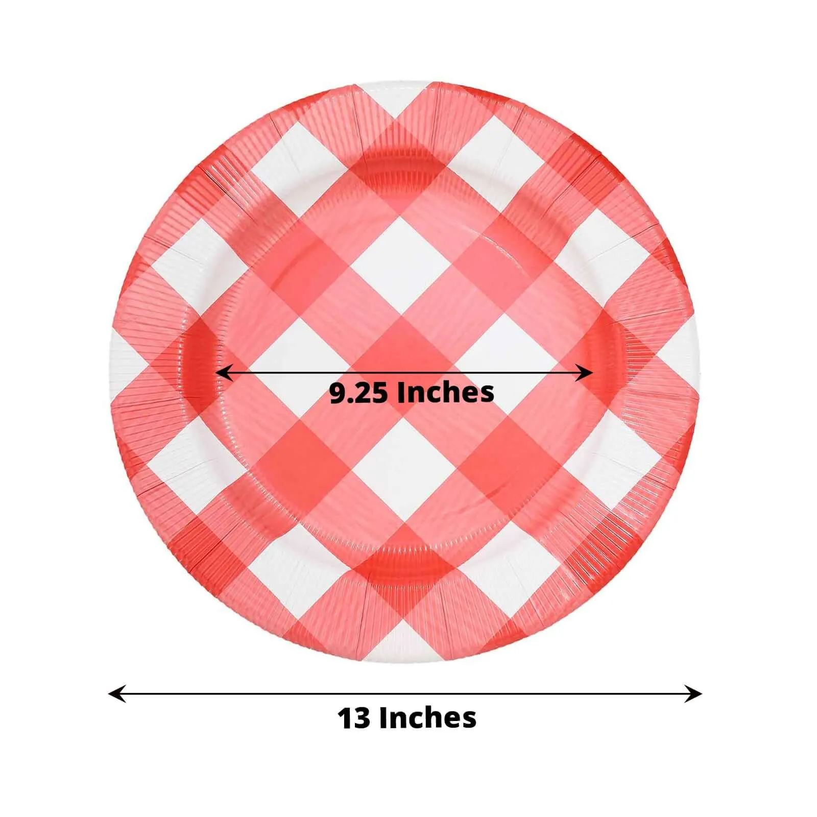 10 Pack Red / White Buffalo Plaid Disposable Serving Trays, Round Checkered Sunray Cardboard Charger Plates 350 GSM 13"