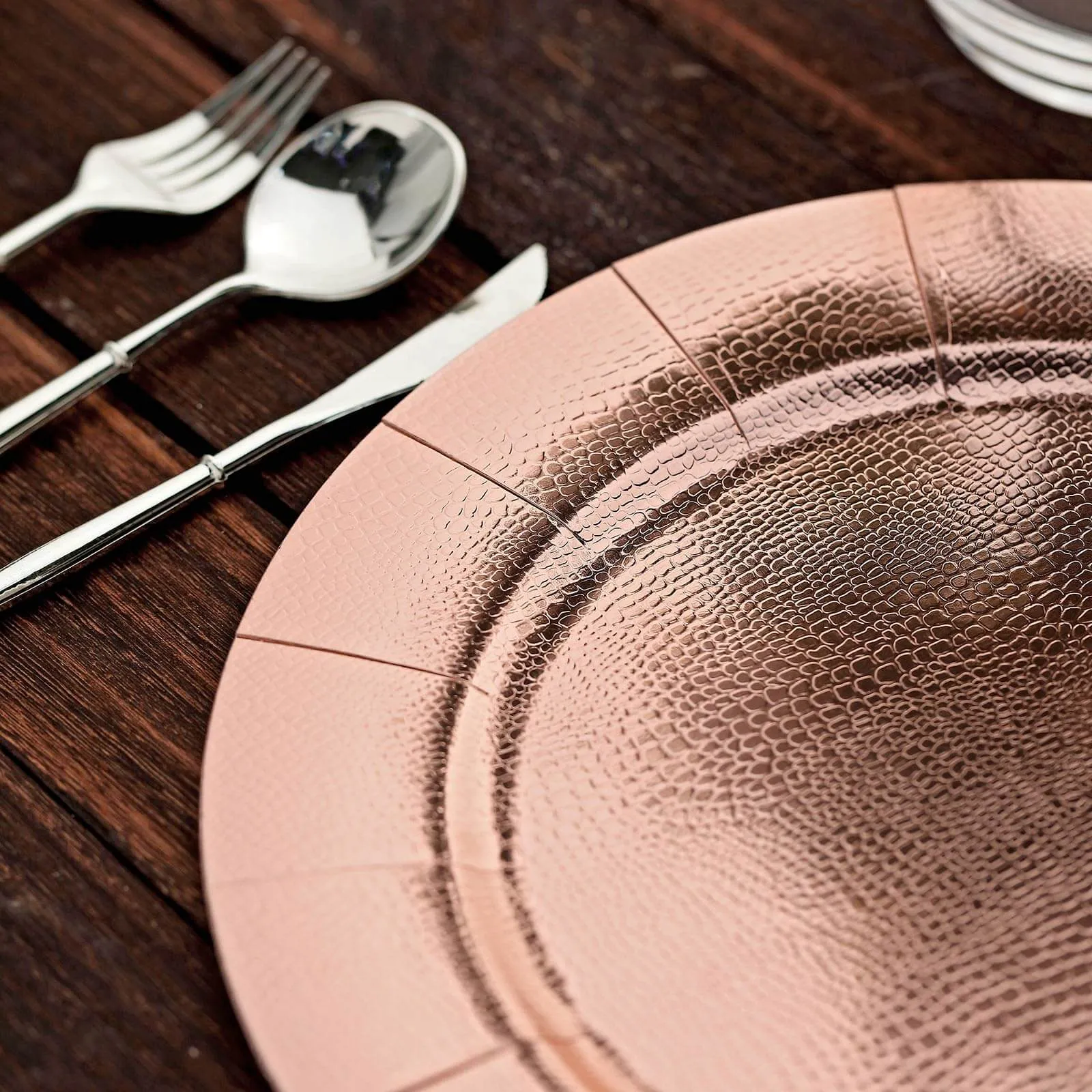 10 Pack Rose Gold Disposable Charger Plates, Cardboard Serving Tray, Round with Leathery Texture 1100 GSM 13"