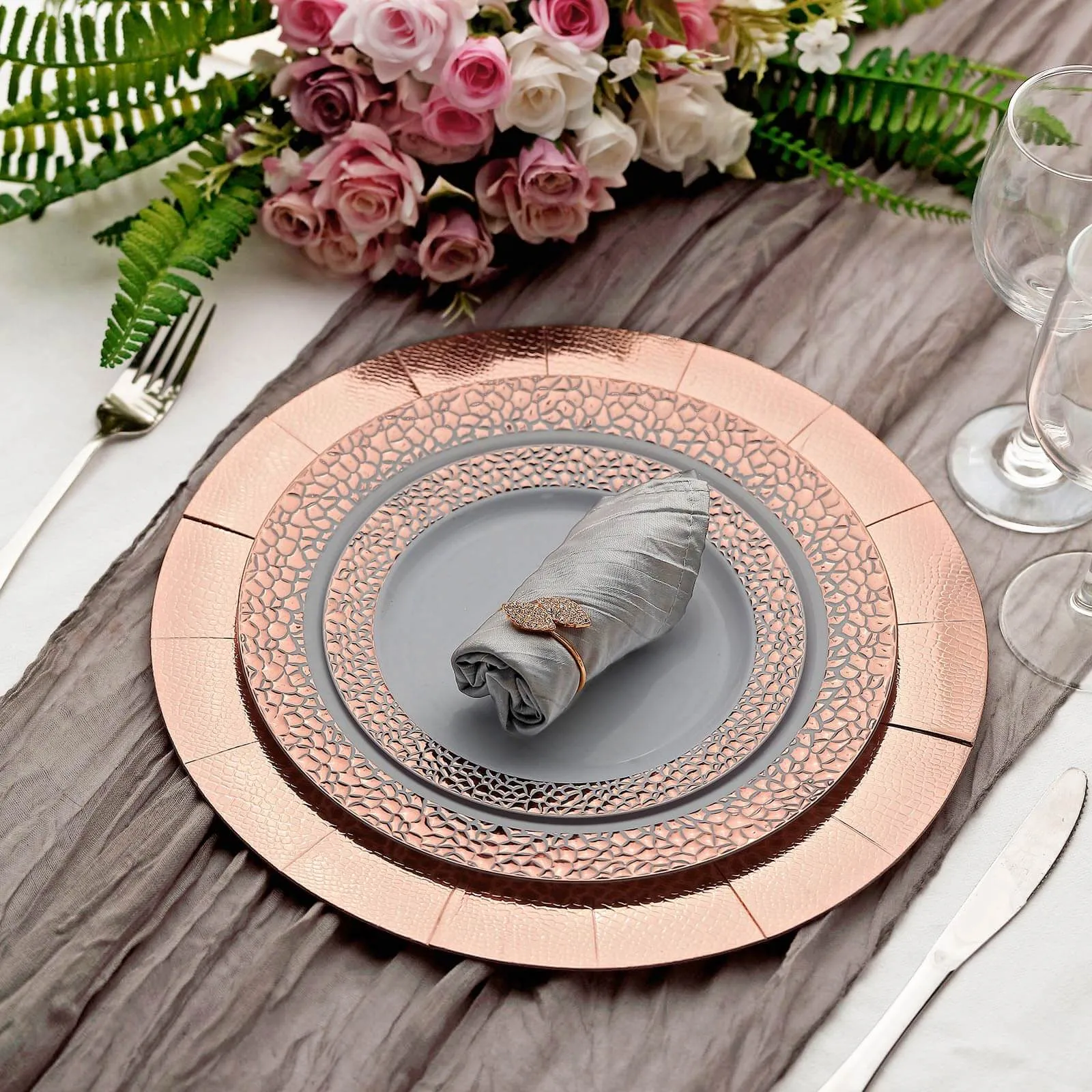 10 Pack Rose Gold Disposable Charger Plates, Cardboard Serving Tray, Round with Leathery Texture 1100 GSM 13"