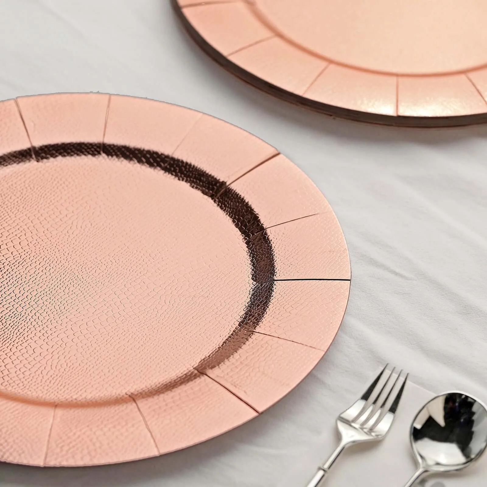 10 Pack Rose Gold Disposable Charger Plates, Cardboard Serving Tray, Round with Leathery Texture 1100 GSM 13"