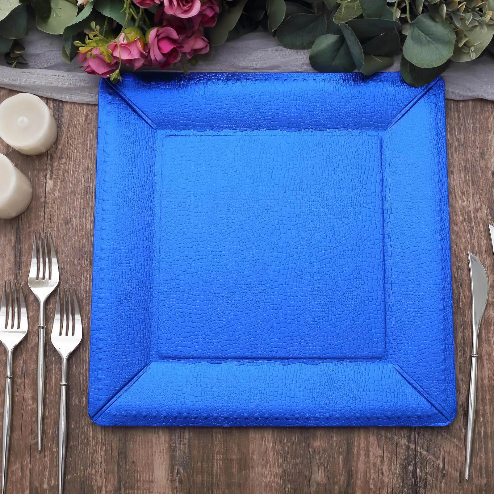 10 Pack Royal Blue Textured Disposable Square Serving Trays, Leather Like Cardboard Charger Plates 1100 GSM 13"