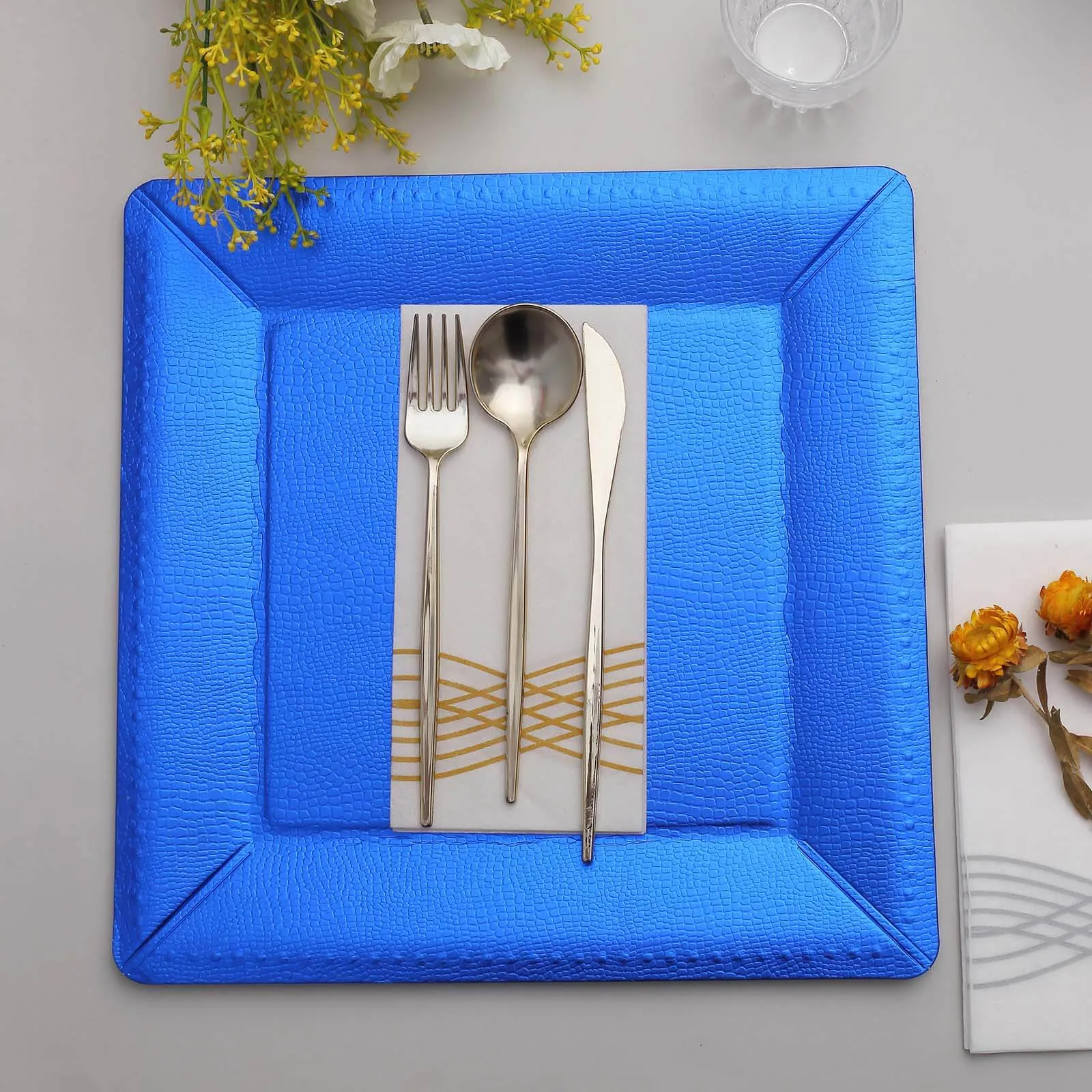 10 Pack Royal Blue Textured Disposable Square Serving Trays, Leather Like Cardboard Charger Plates 1100 GSM 13"