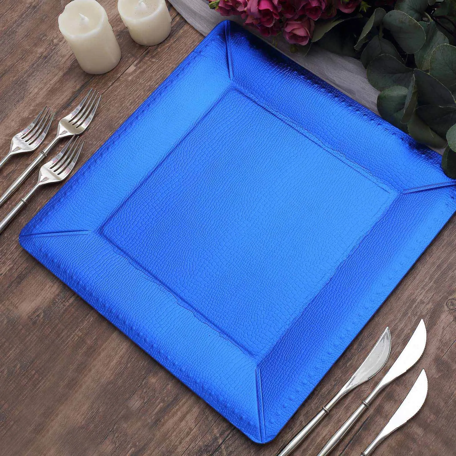 10 Pack Royal Blue Textured Disposable Square Serving Trays, Leather Like Cardboard Charger Plates 1100 GSM 13"