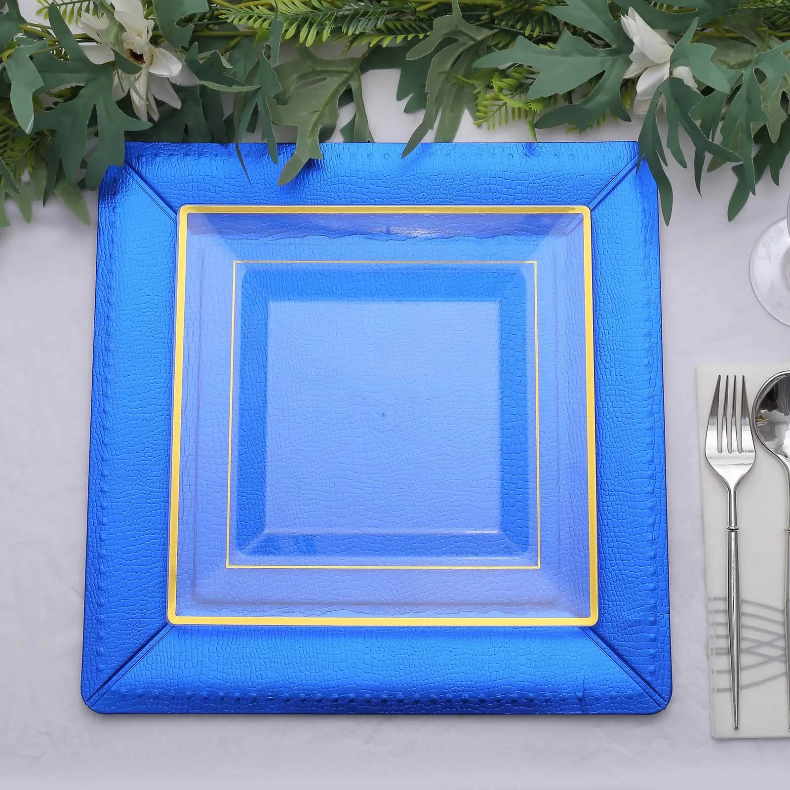 10 Pack Royal Blue Textured Disposable Square Serving Trays, Leather Like Cardboard Charger Plates 1100 GSM 13"