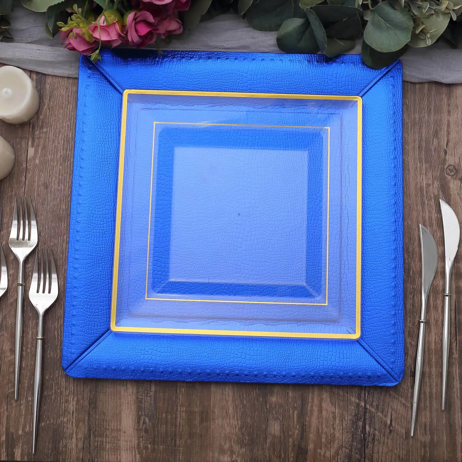 10 Pack Royal Blue Textured Disposable Square Serving Trays, Leather Like Cardboard Charger Plates 1100 GSM 13"