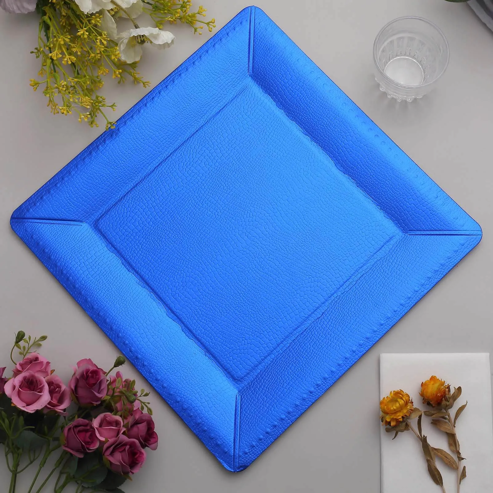 10 Pack Royal Blue Textured Disposable Square Serving Trays, Leather Like Cardboard Charger Plates 1100 GSM 13"