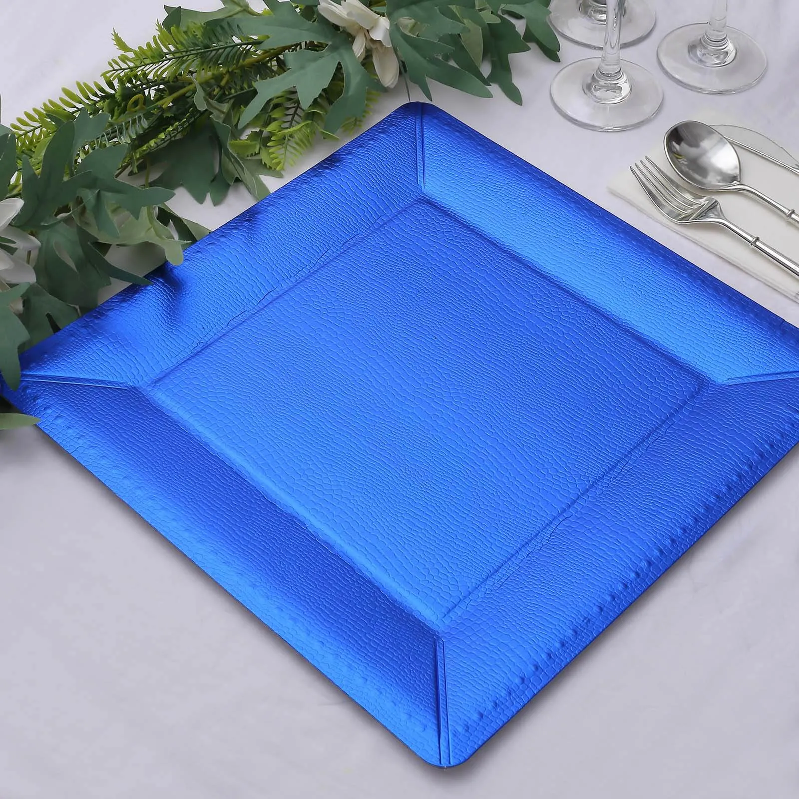 10 Pack Royal Blue Textured Disposable Square Serving Trays, Leather Like Cardboard Charger Plates 1100 GSM 13"