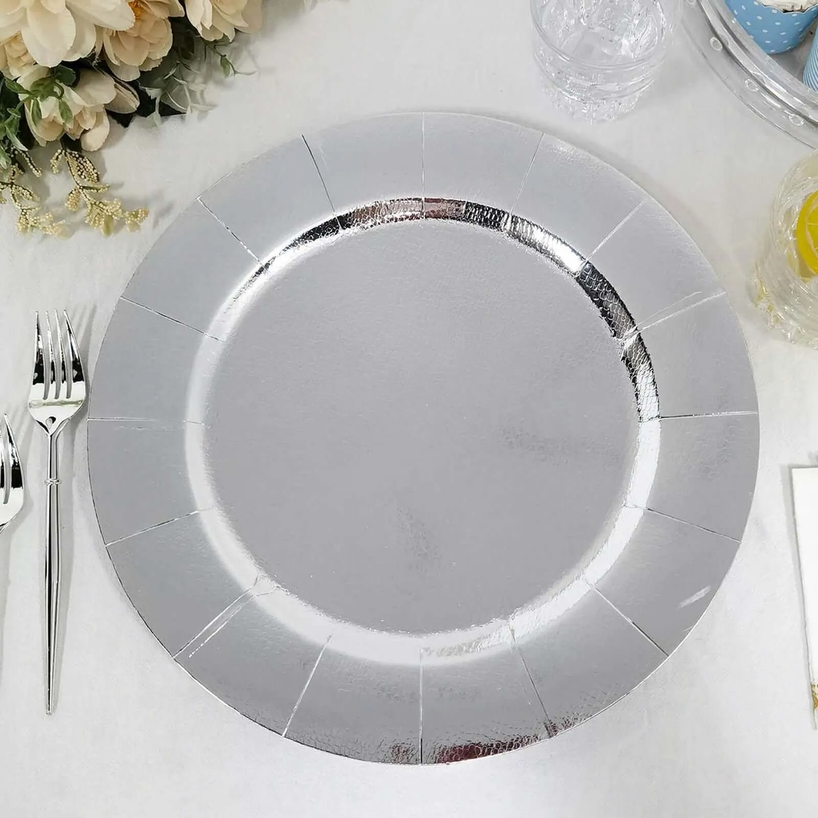 10 Pack Silver Disposable Charger Plates, Cardboard Serving Tray, Round with Leathery Texture 1100 GSM 13"