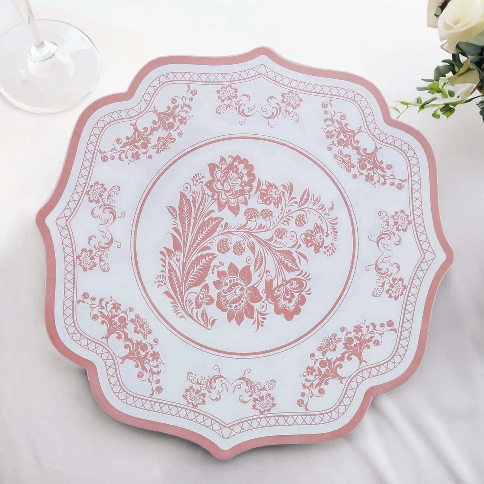 10 Pack White Pink Cardboard Paper Table Mats with French Toile Pattern, 13" Round Disposable Placemats with Scalloped Rim - 400 GSM