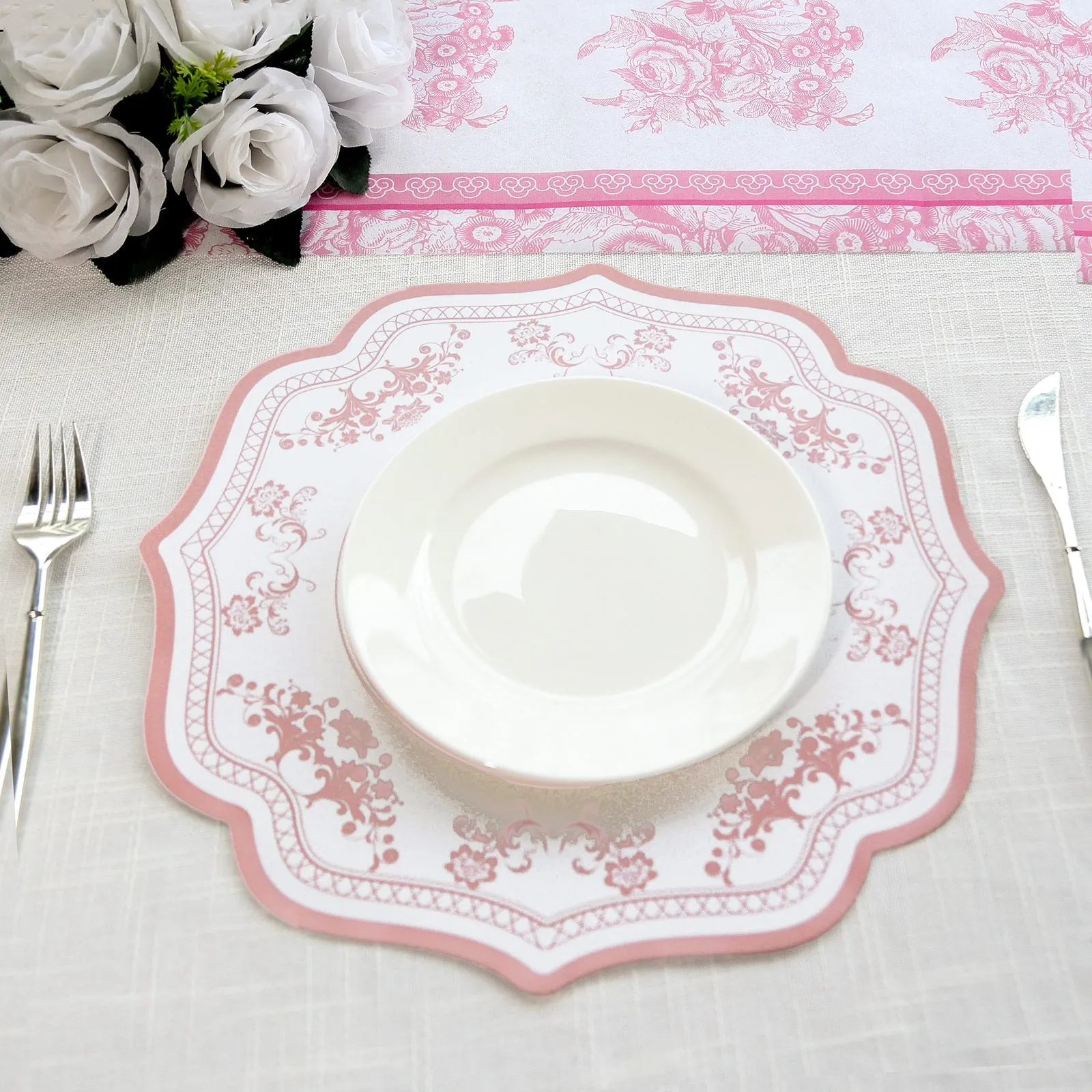 10 Pack White Pink Cardboard Paper Table Mats with French Toile Pattern, 13" Round Disposable Placemats with Scalloped Rim - 400 GSM