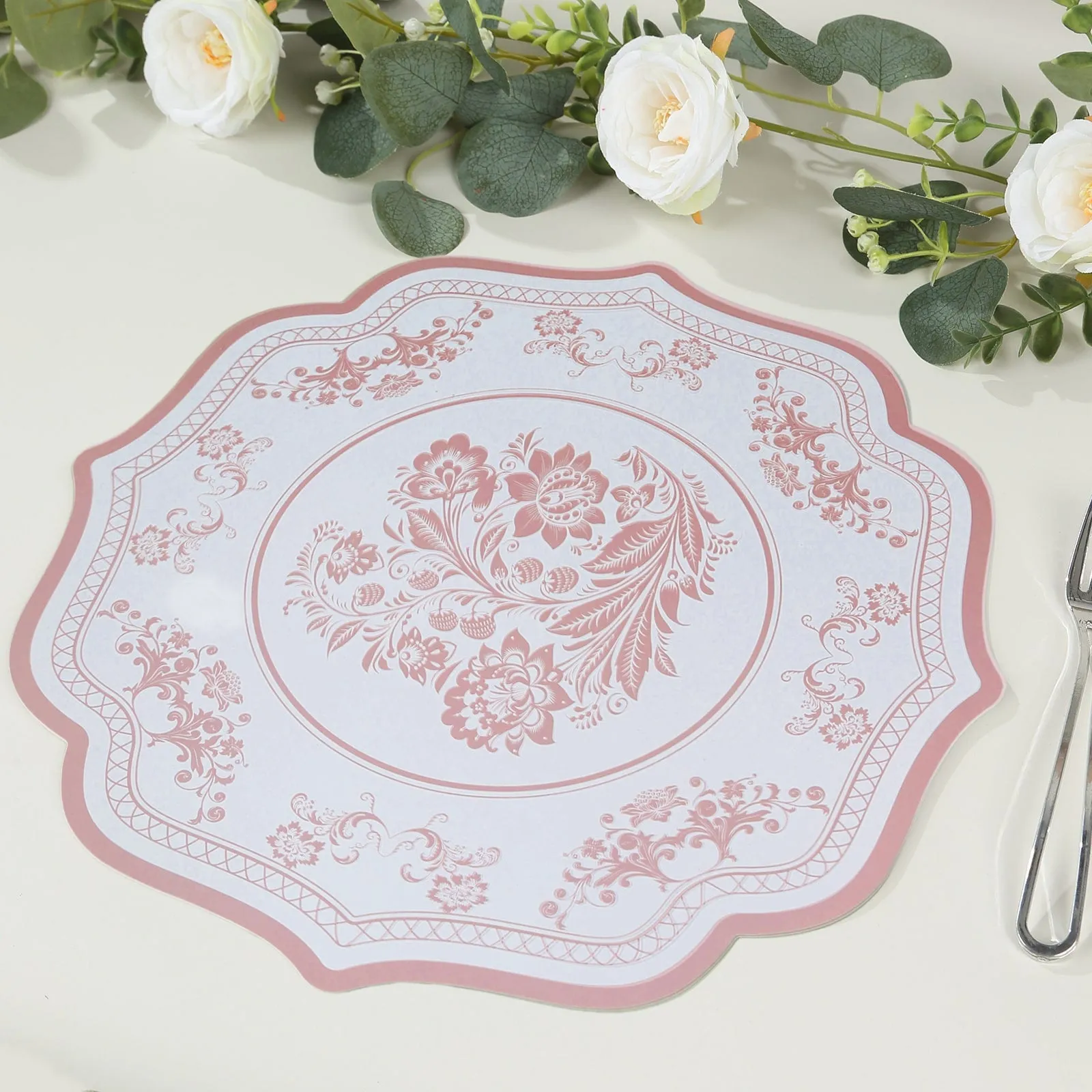 10 Pack White Pink Cardboard Paper Table Mats with French Toile Pattern, 13" Round Disposable Placemats with Scalloped Rim - 400 GSM