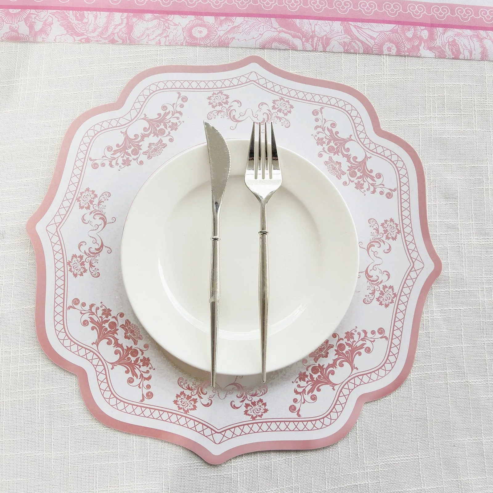 10 Pack White Pink Cardboard Paper Table Mats with French Toile Pattern, 13" Round Disposable Placemats with Scalloped Rim - 400 GSM