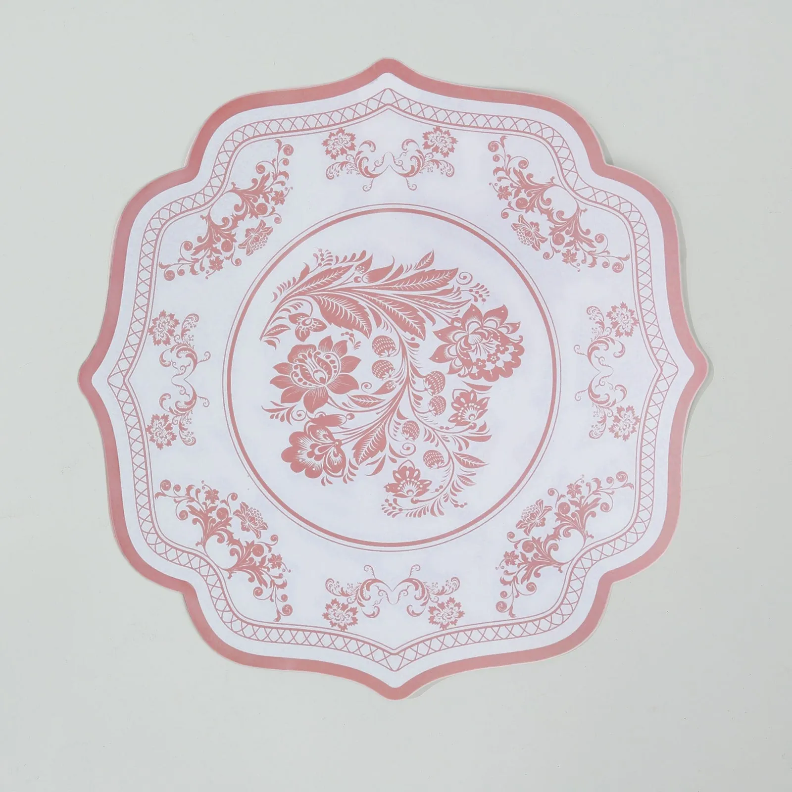 10 Pack White Pink Cardboard Paper Table Mats with French Toile Pattern, 13" Round Disposable Placemats with Scalloped Rim - 400 GSM