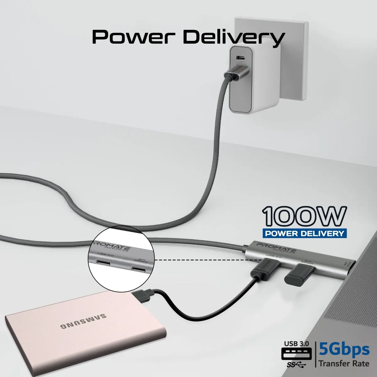 100W Power Delivery Dual USB-C Port Data and Charge Cable