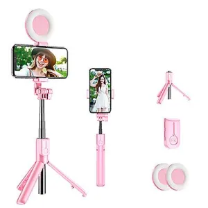 2 lights pink Bluetooth Selfie Stick Led Ring Light Extendable Handheld Live Tripod AZ16464