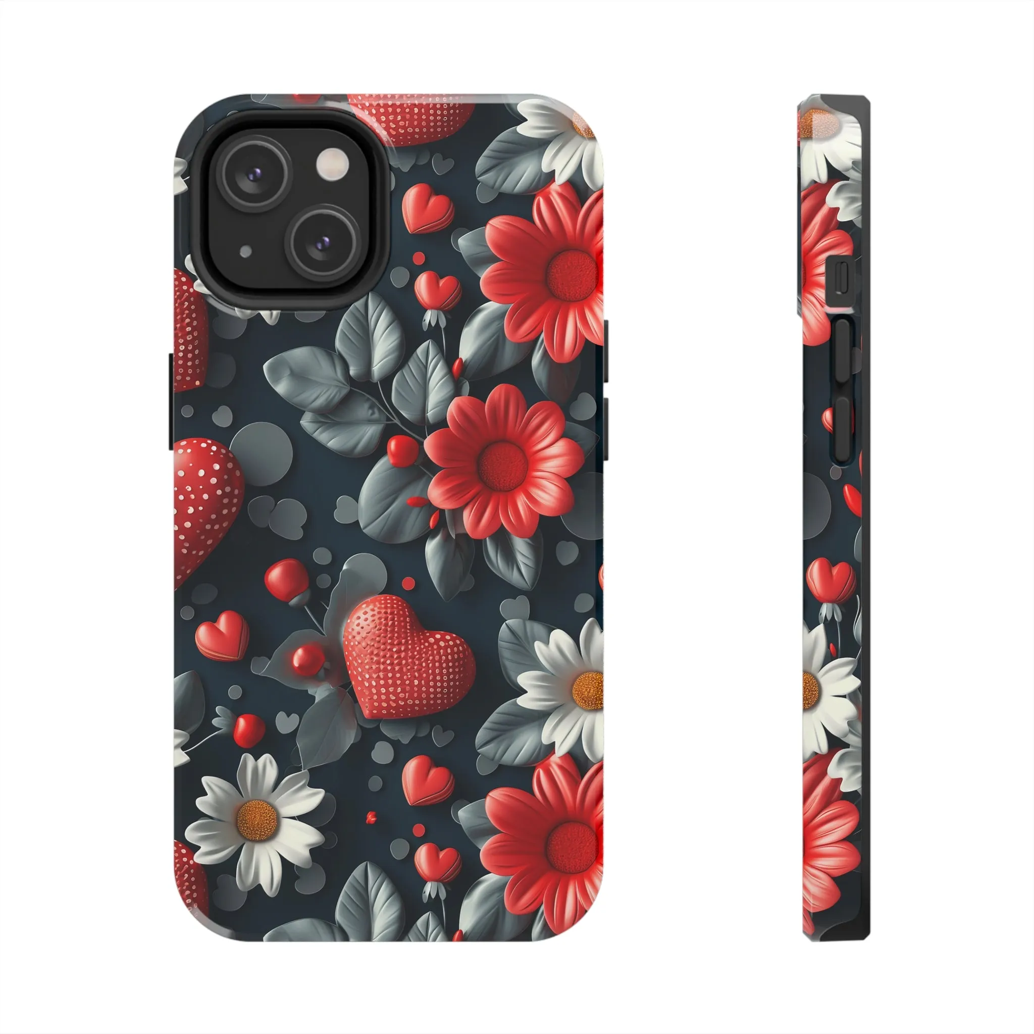 3D Flowers and Red Hearts Digital print Design Tough Phone Case compatible with a large variety of iPhone models, Gift, Phone Case