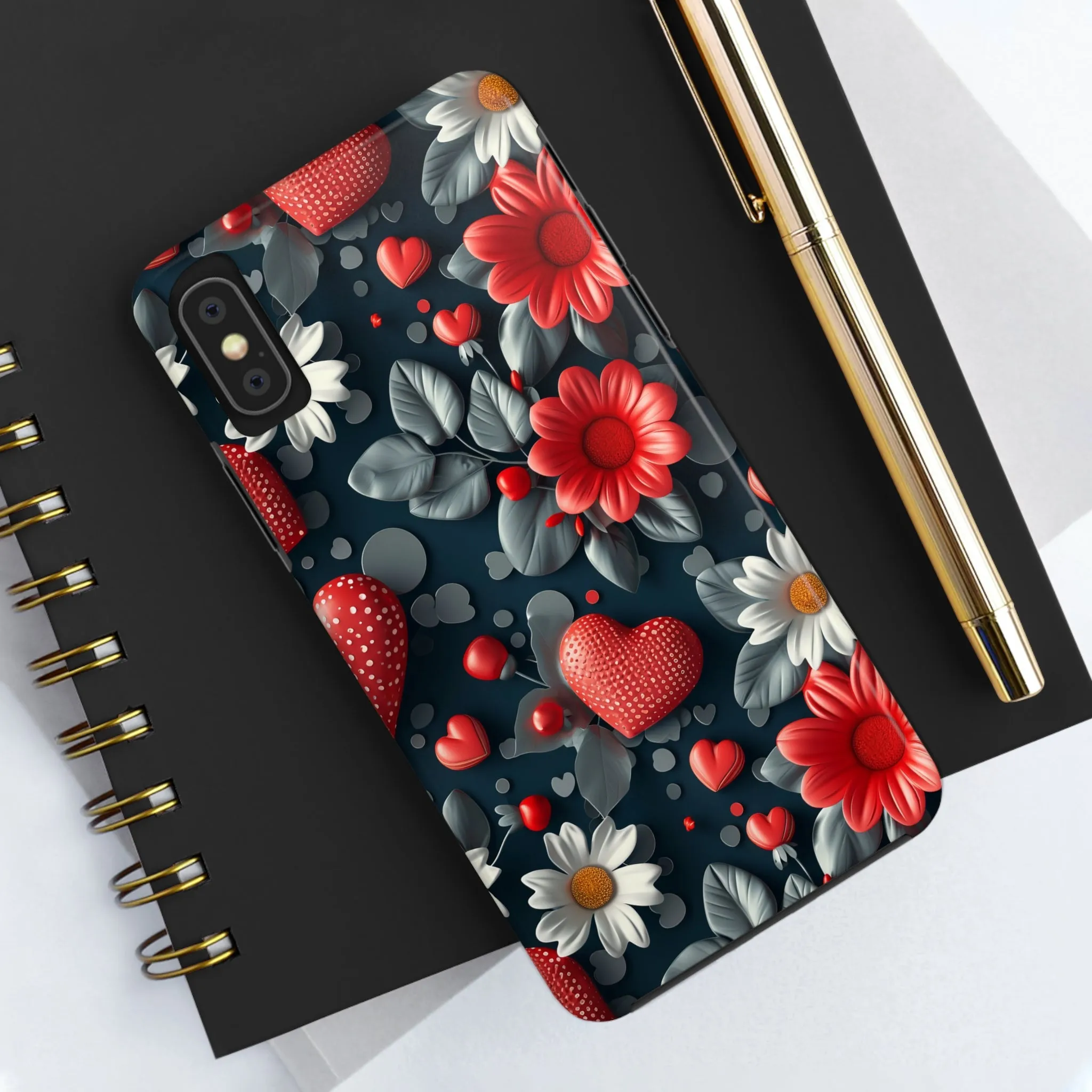 3D Flowers and Red Hearts Digital print Design Tough Phone Case compatible with a large variety of iPhone models, Gift, Phone Case