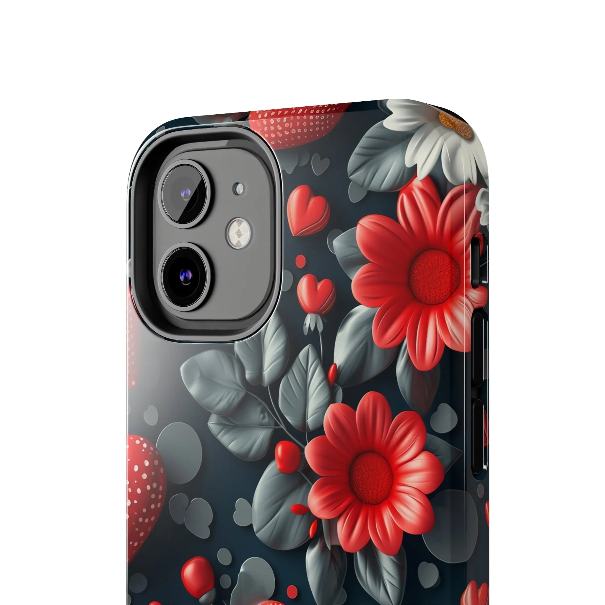 3D Flowers and Red Hearts Digital print Design Tough Phone Case compatible with a large variety of iPhone models, Gift, Phone Case