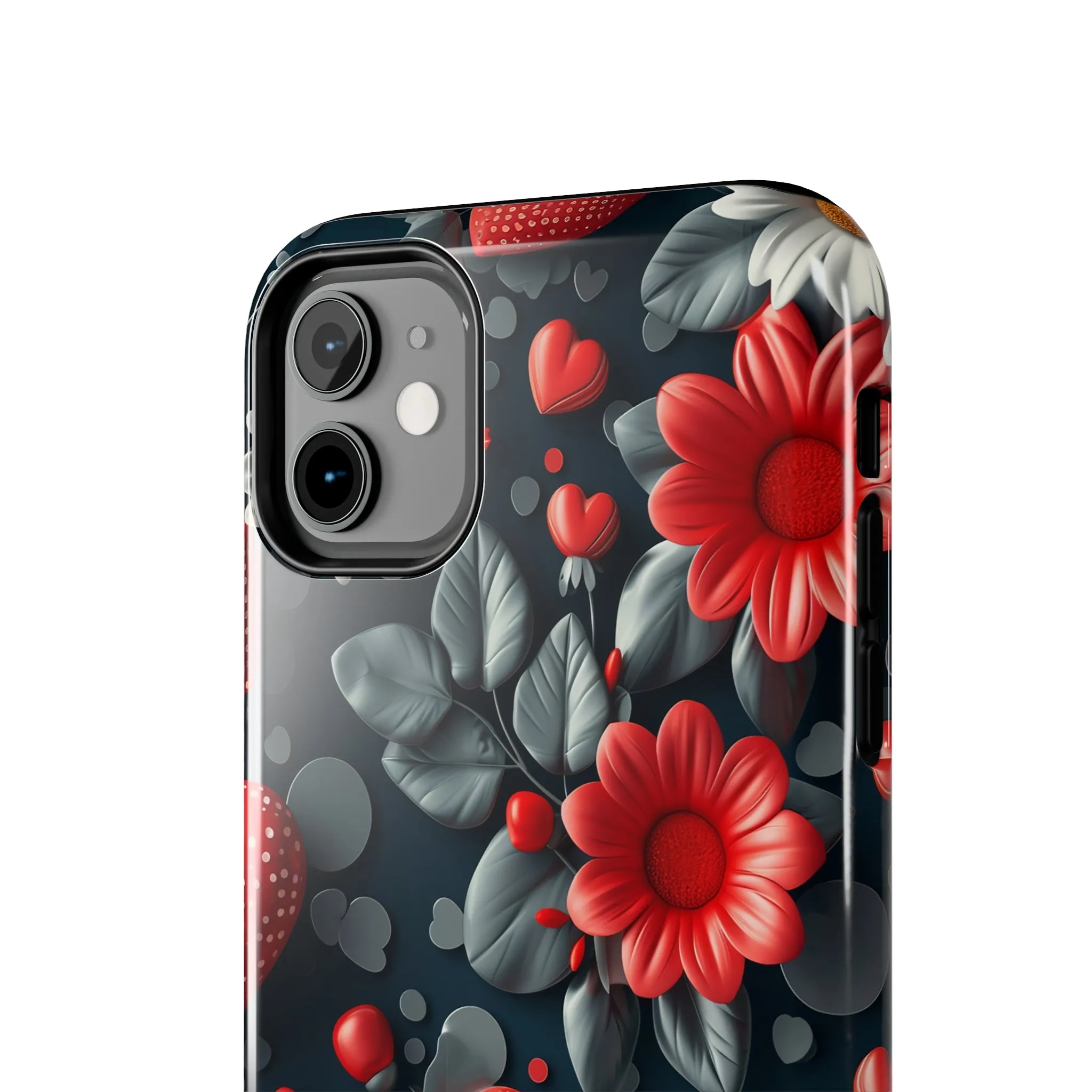 3D Flowers and Red Hearts Digital print Design Tough Phone Case compatible with a large variety of iPhone models, Gift, Phone Case