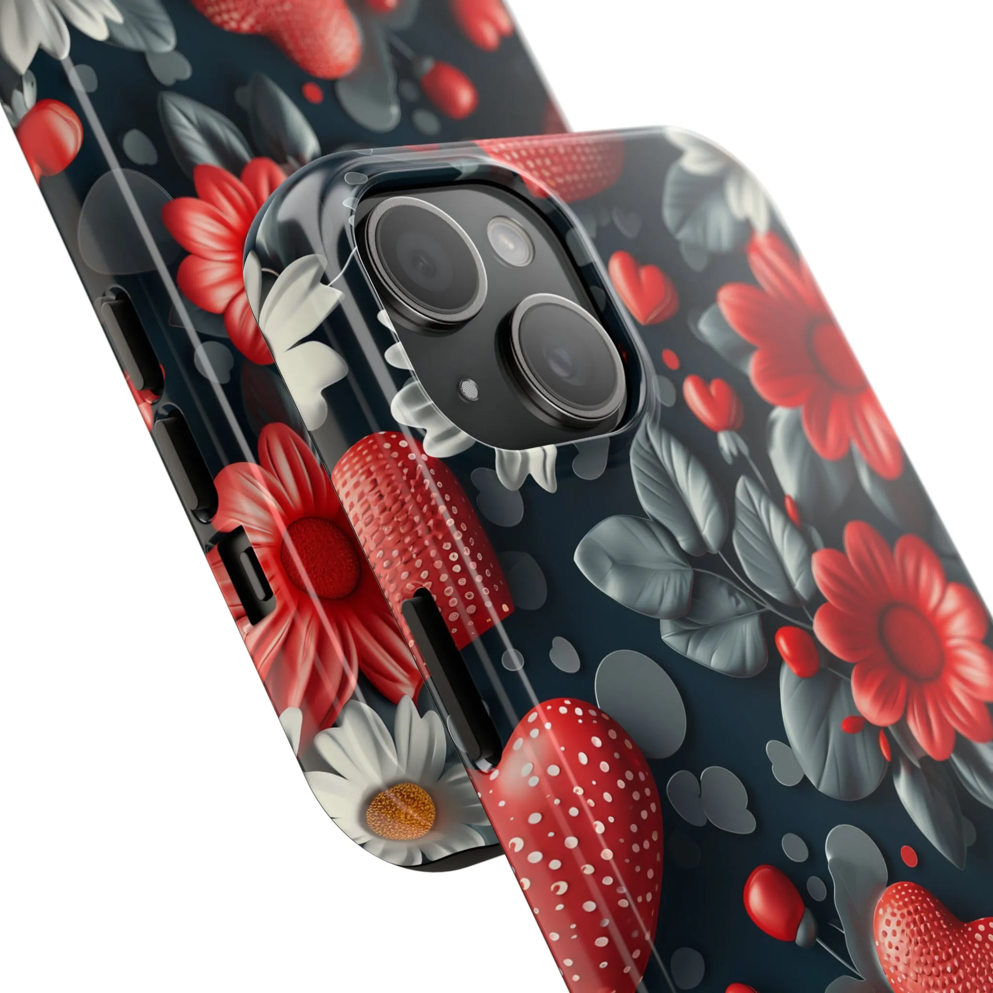 3D Flowers and Red Hearts Digital print Design Tough Phone Case compatible with a large variety of iPhone models, Gift, Phone Case