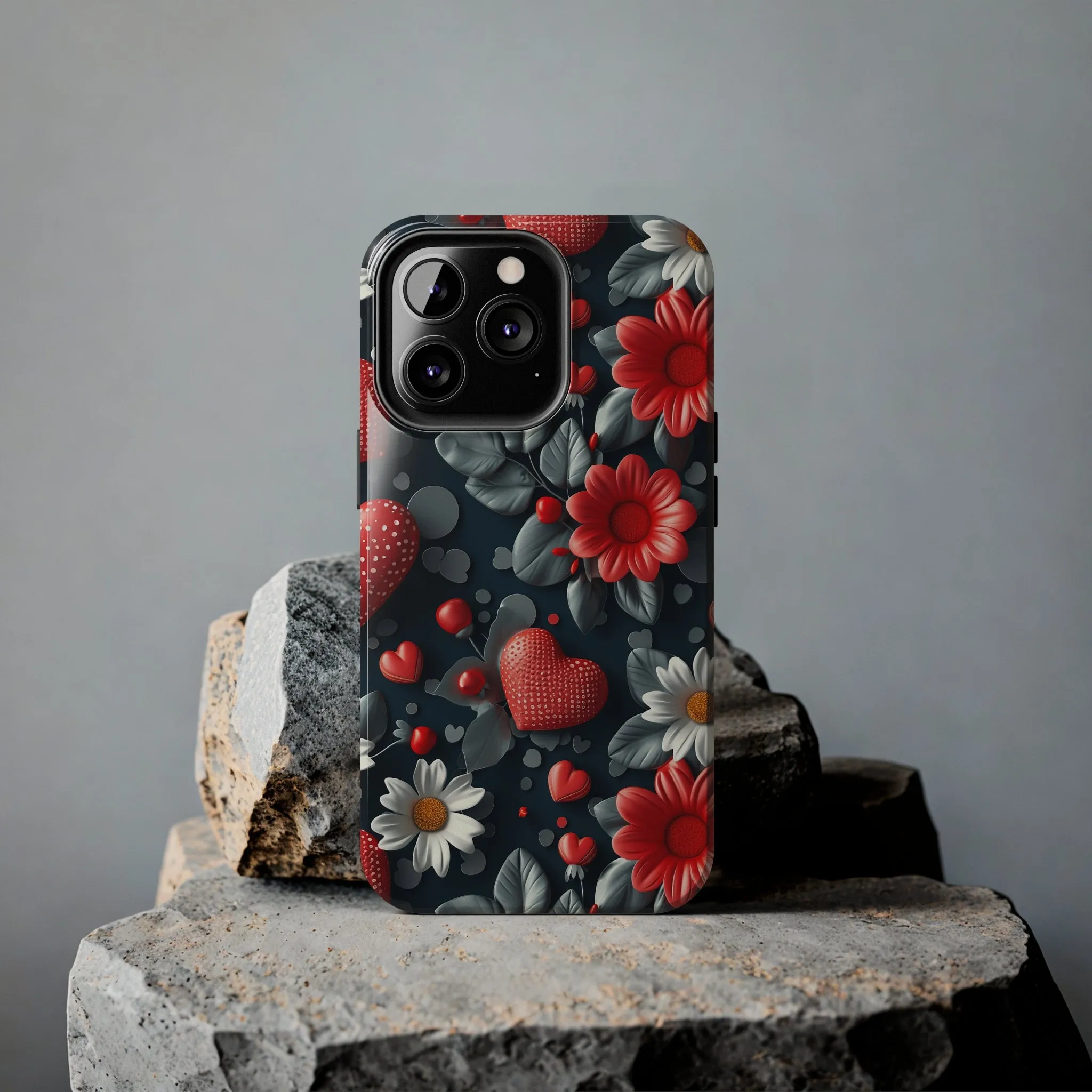 3D Flowers and Red Hearts Digital print Design Tough Phone Case compatible with a large variety of iPhone models, Gift, Phone Case