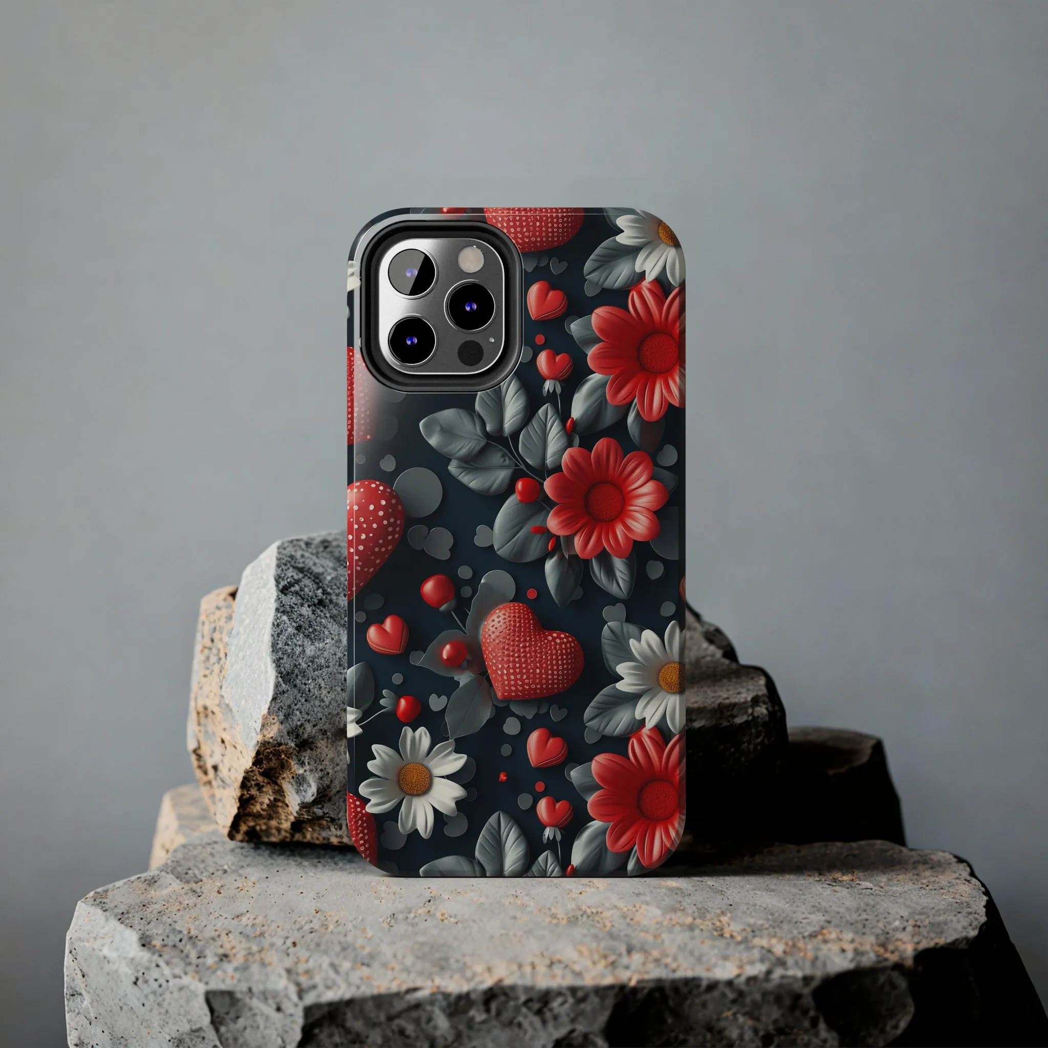 3D Flowers and Red Hearts Digital print Design Tough Phone Case compatible with a large variety of iPhone models, Gift, Phone Case