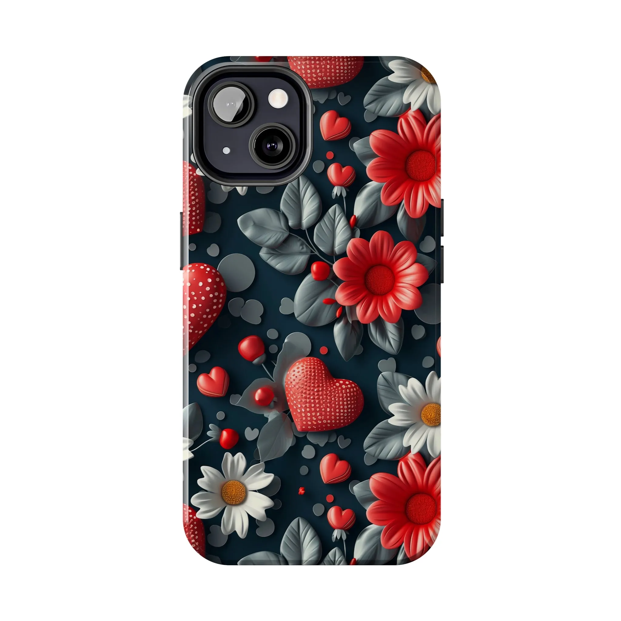 3D Flowers and Red Hearts Digital print Design Tough Phone Case compatible with a large variety of iPhone models, Gift, Phone Case