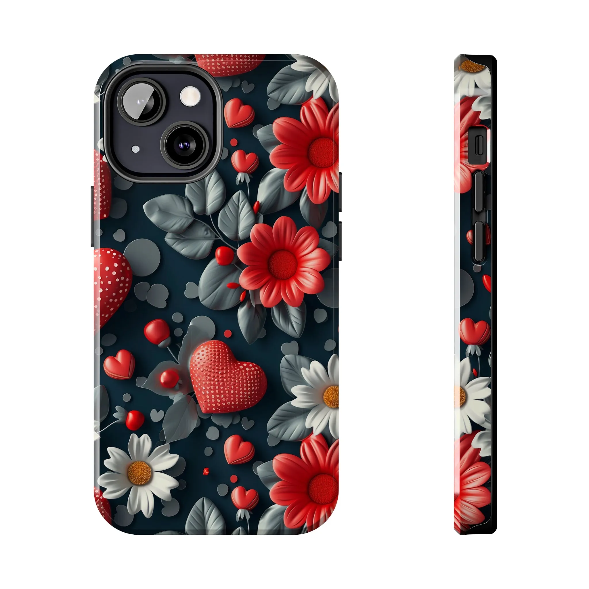 3D Flowers and Red Hearts Digital print Design Tough Phone Case compatible with a large variety of iPhone models, Gift, Phone Case