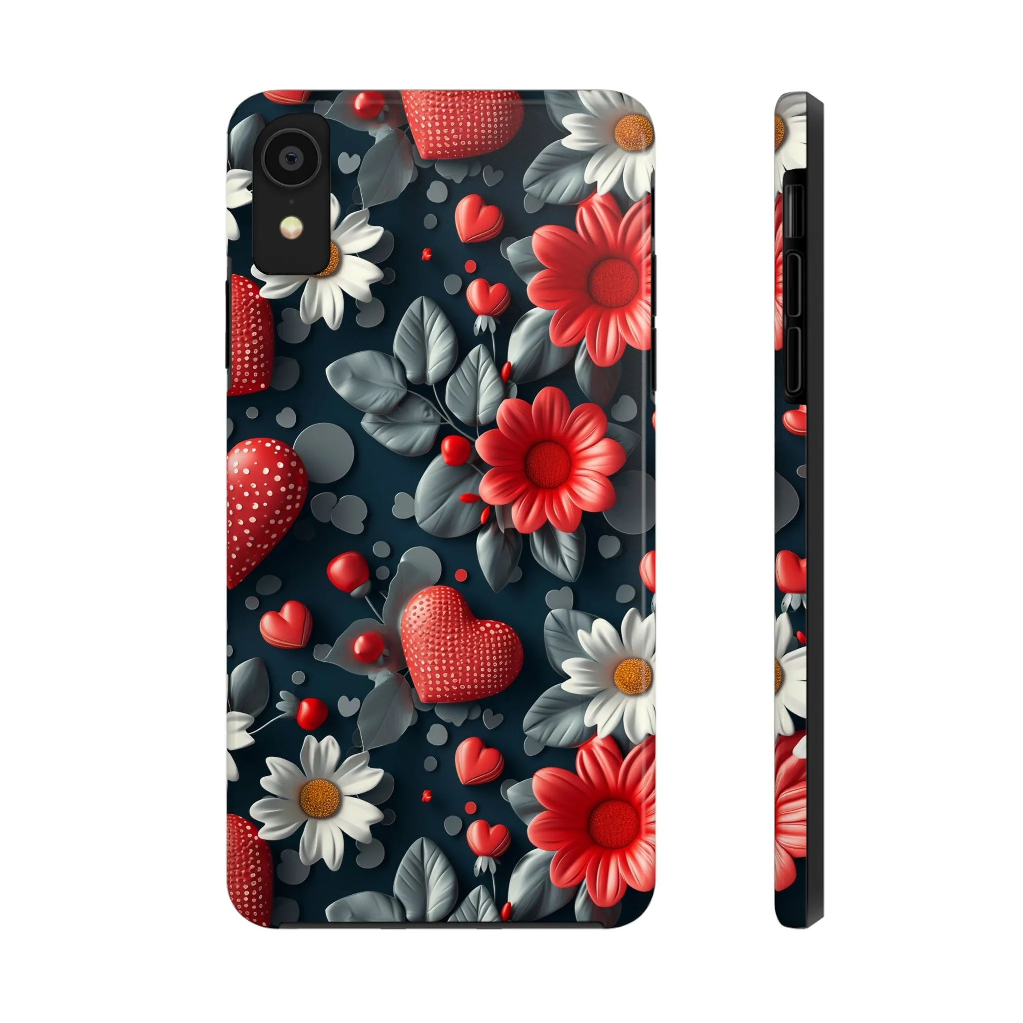 3D Flowers and Red Hearts Digital print Design Tough Phone Case compatible with a large variety of iPhone models, Gift, Phone Case