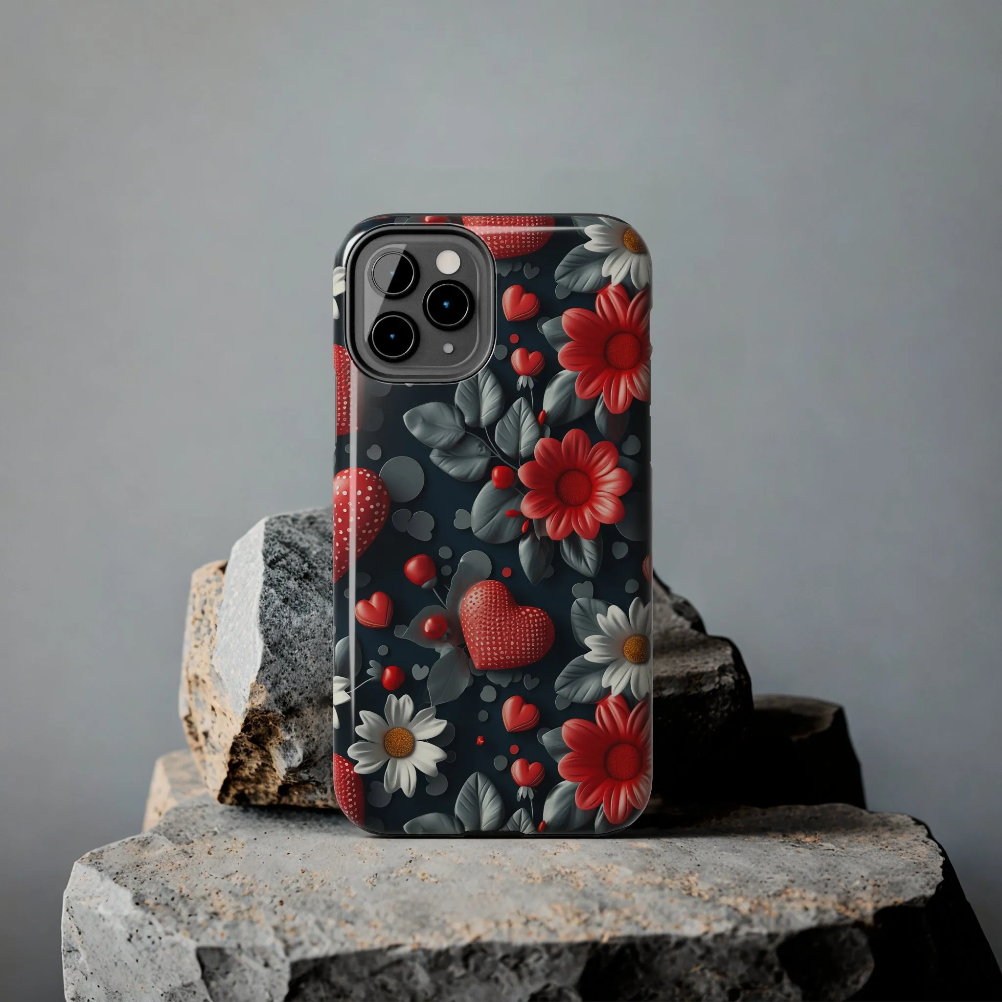 3D Flowers and Red Hearts Digital print Design Tough Phone Case compatible with a large variety of iPhone models, Gift, Phone Case