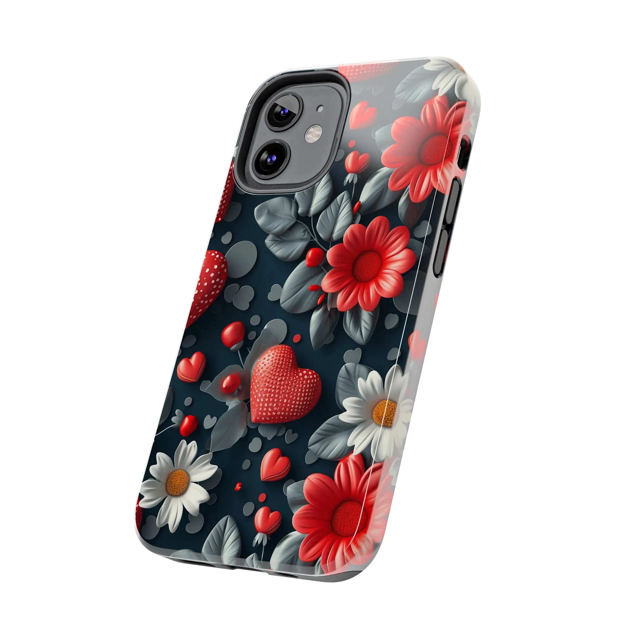 3D Flowers and Red Hearts Digital print Design Tough Phone Case compatible with a large variety of iPhone models, Gift, Phone Case