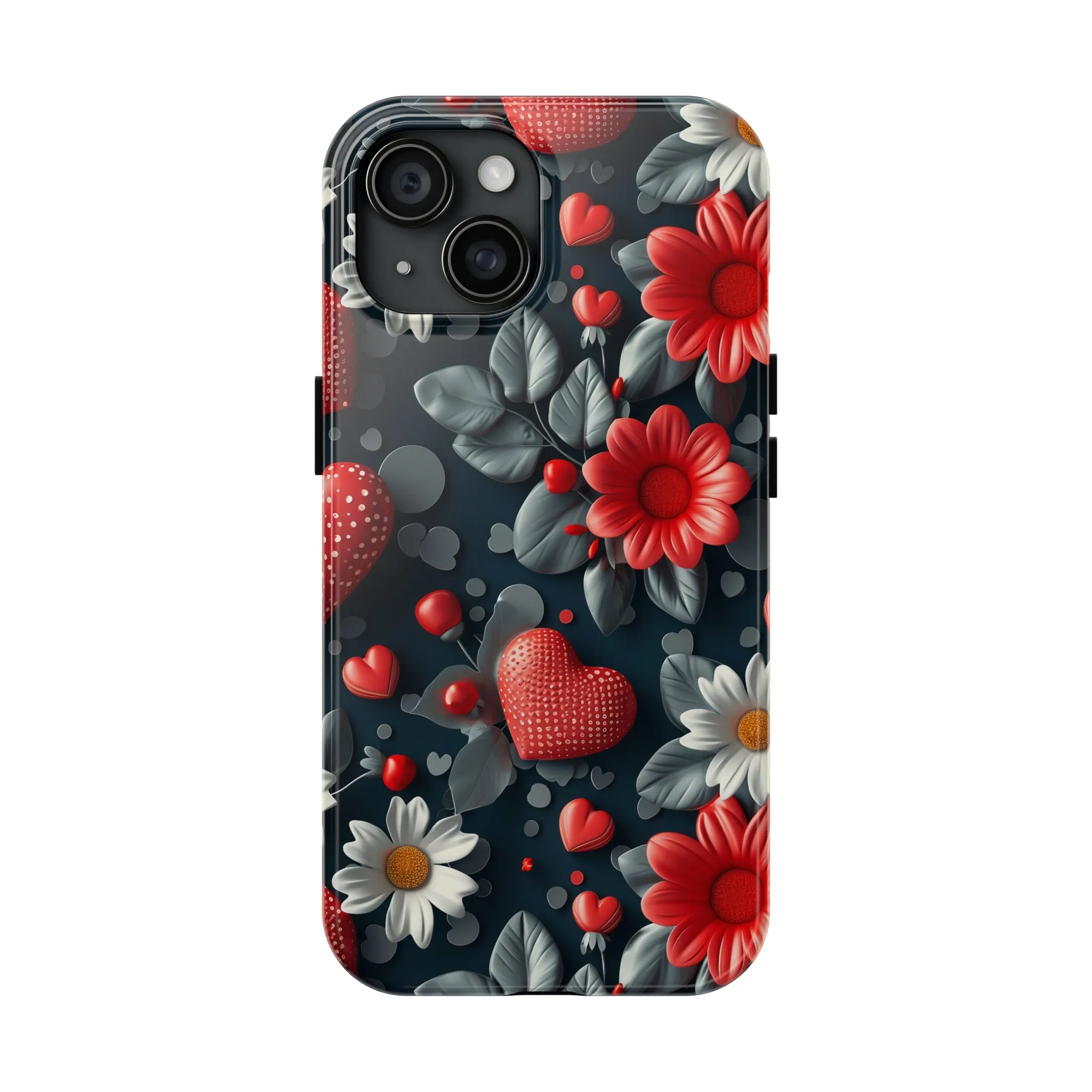 3D Flowers and Red Hearts Digital print Design Tough Phone Case compatible with a large variety of iPhone models, Gift, Phone Case