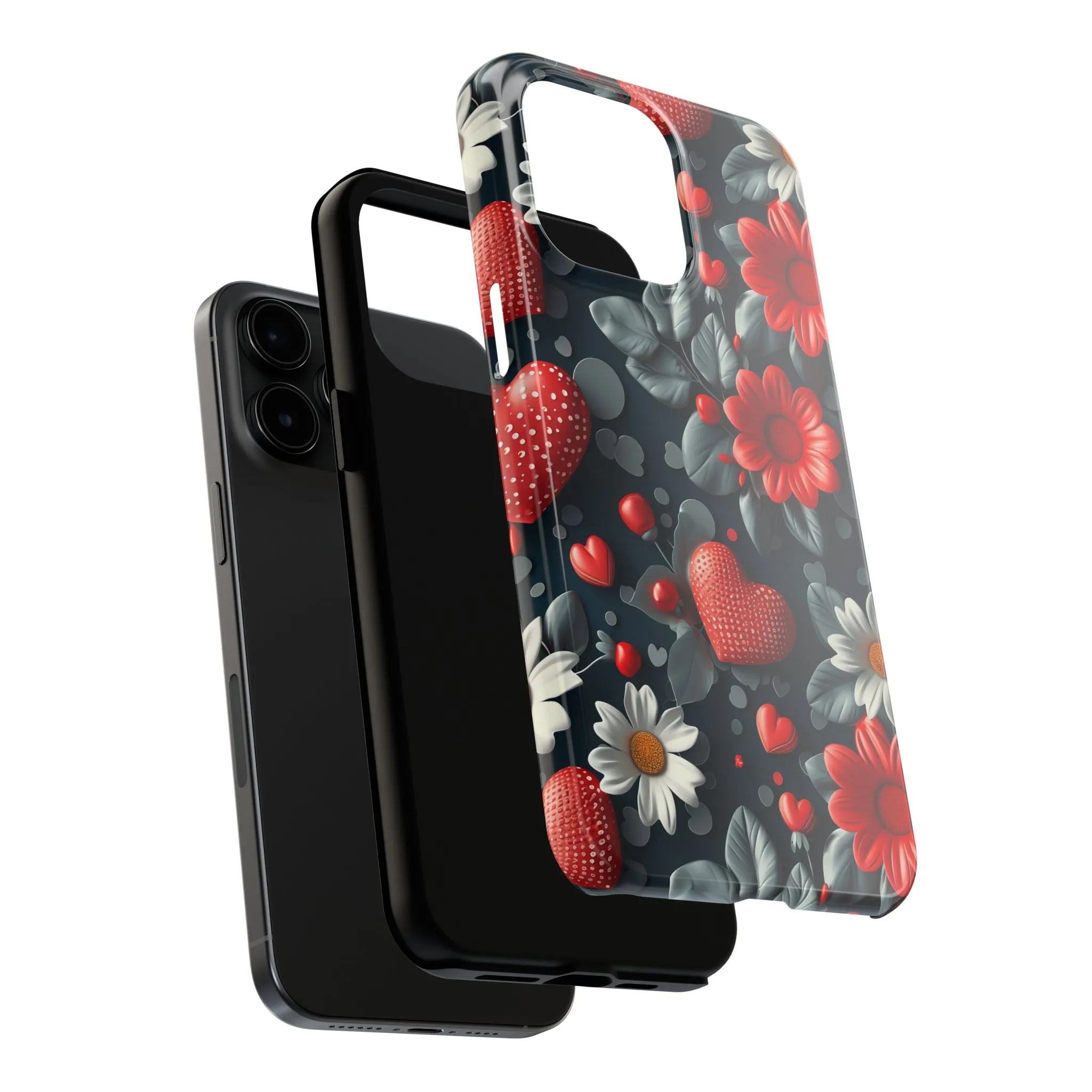 3D Flowers and Red Hearts Digital print Design Tough Phone Case compatible with a large variety of iPhone models, Gift, Phone Case