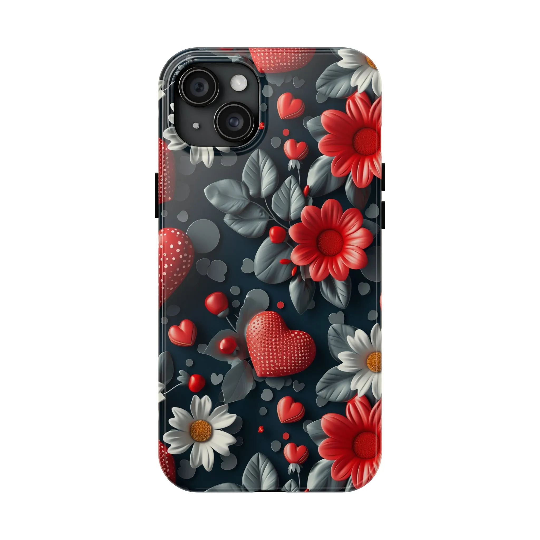 3D Flowers and Red Hearts Digital print Design Tough Phone Case compatible with a large variety of iPhone models, Gift, Phone Case