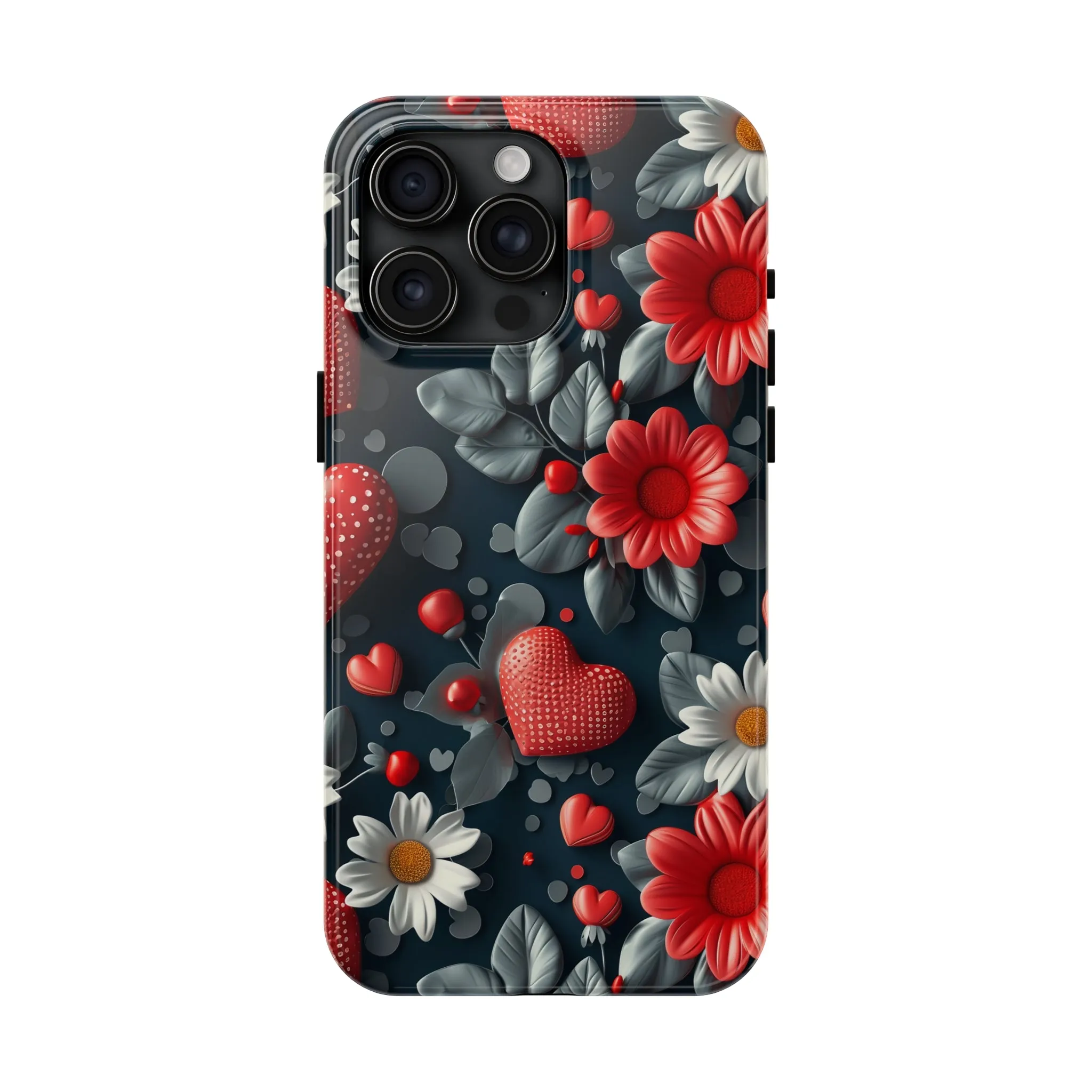 3D Flowers and Red Hearts Digital print Design Tough Phone Case compatible with a large variety of iPhone models, Gift, Phone Case