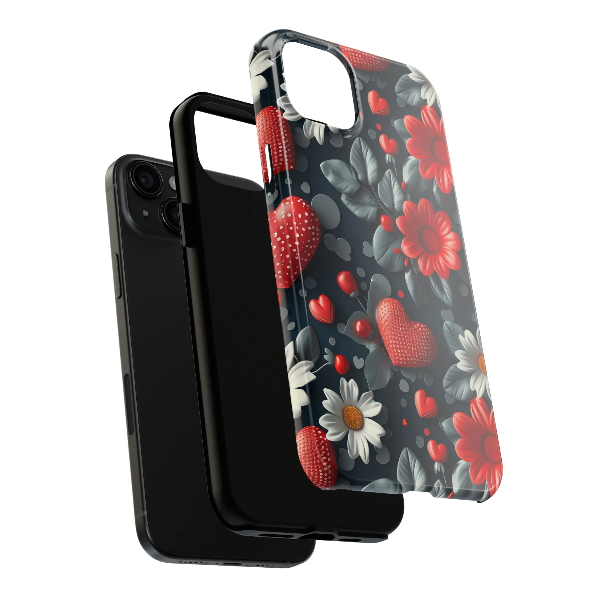 3D Flowers and Red Hearts Digital print Design Tough Phone Case compatible with a large variety of iPhone models, Gift, Phone Case