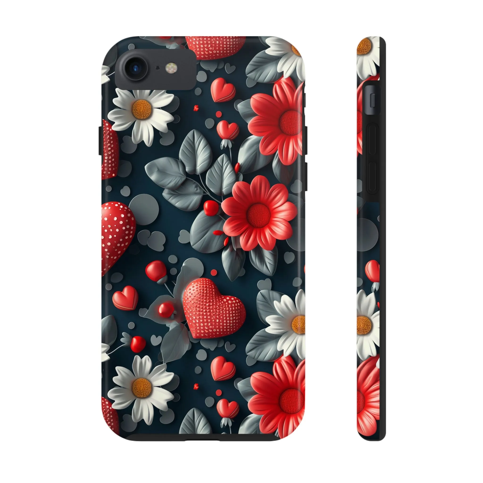 3D Flowers and Red Hearts Digital print Design Tough Phone Case compatible with a large variety of iPhone models, Gift, Phone Case